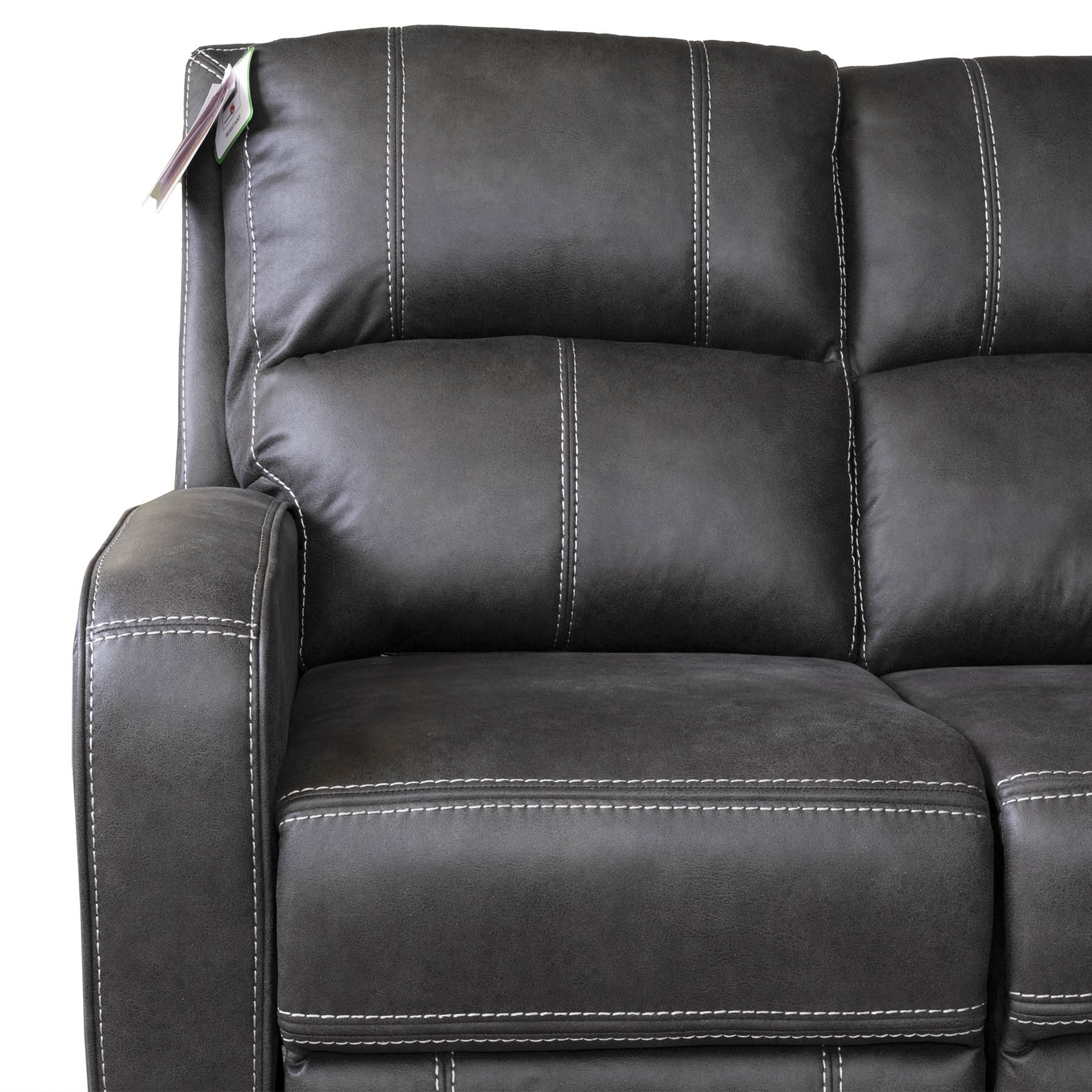 Close-up of a Gunmetal Grey sectional recliner corner sofa with visible stitching details.