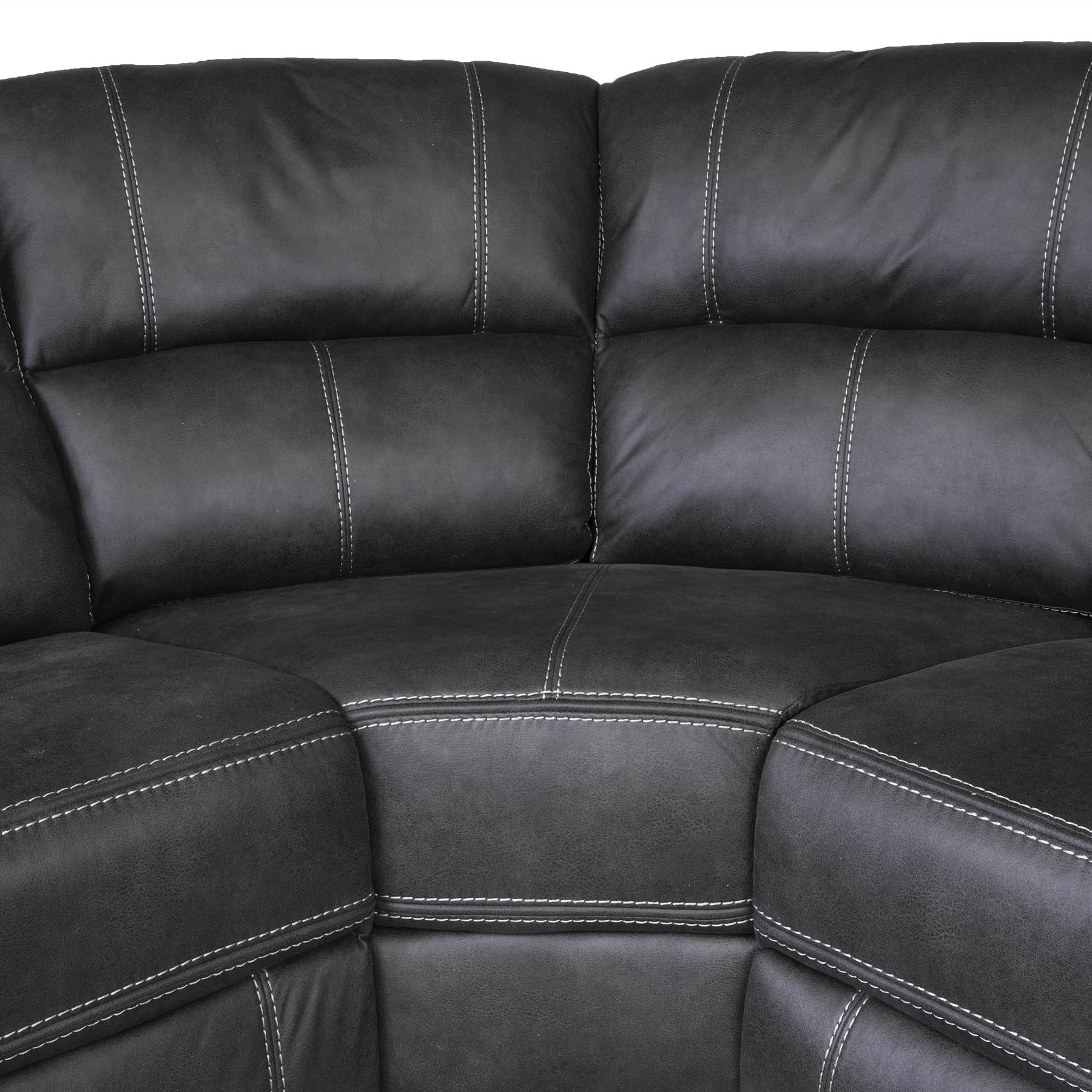 Close-up of a Gunmetal Grey sectional recliner corner sofa with white stitching details.