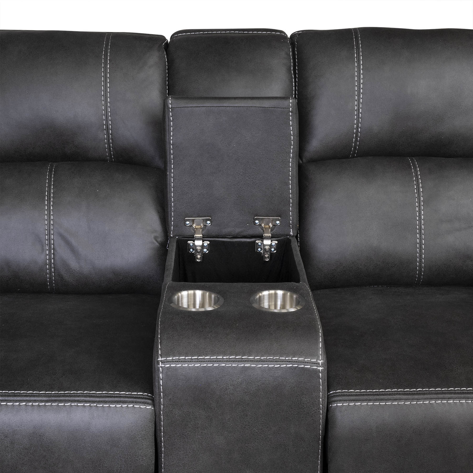 Gunmetal Grey sectional recliner corner sofa with cup holders and storage compartment