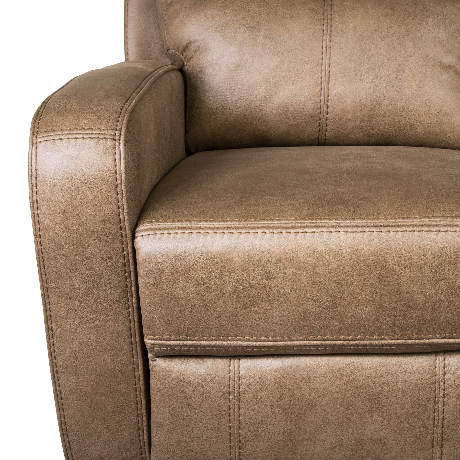 Tan Brown fabric sectional recliner corner sofas in a living room with a coffee table and decor.