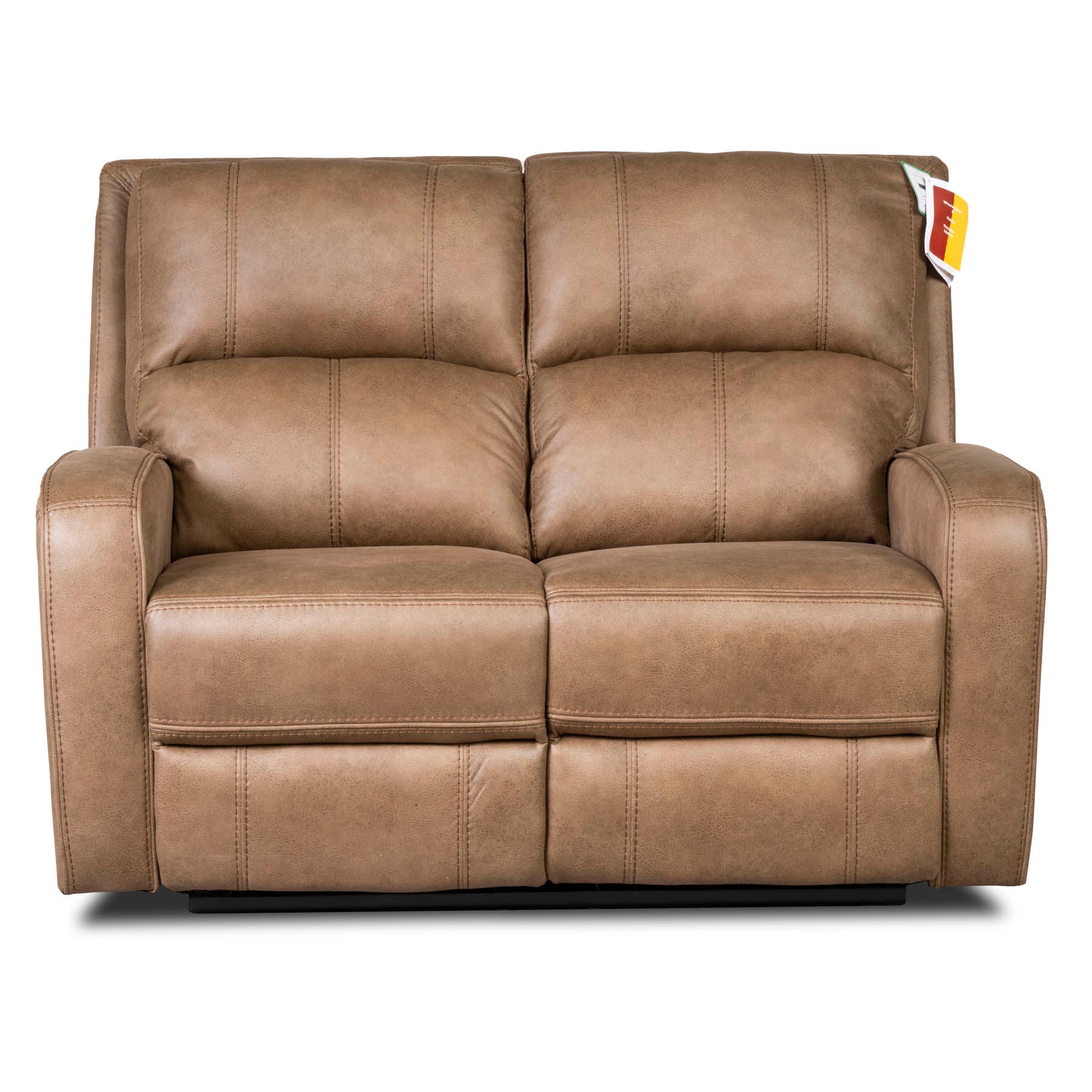 Tan Brown Fabric recliner sofa with a tag on a white background