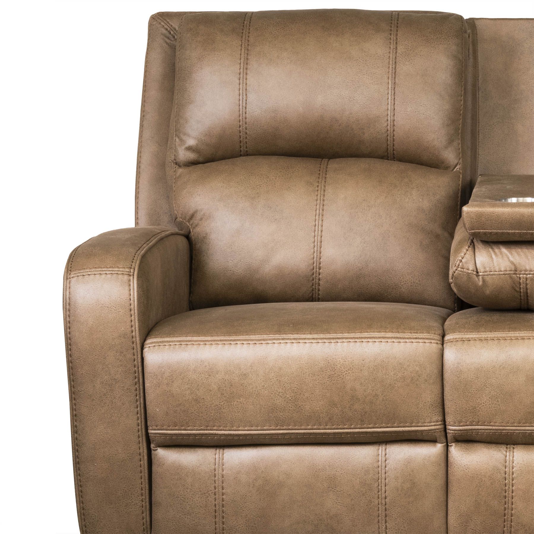 Fabric Tan Brown sectional recliner corner sofa in a living room with a coffee table and decor.