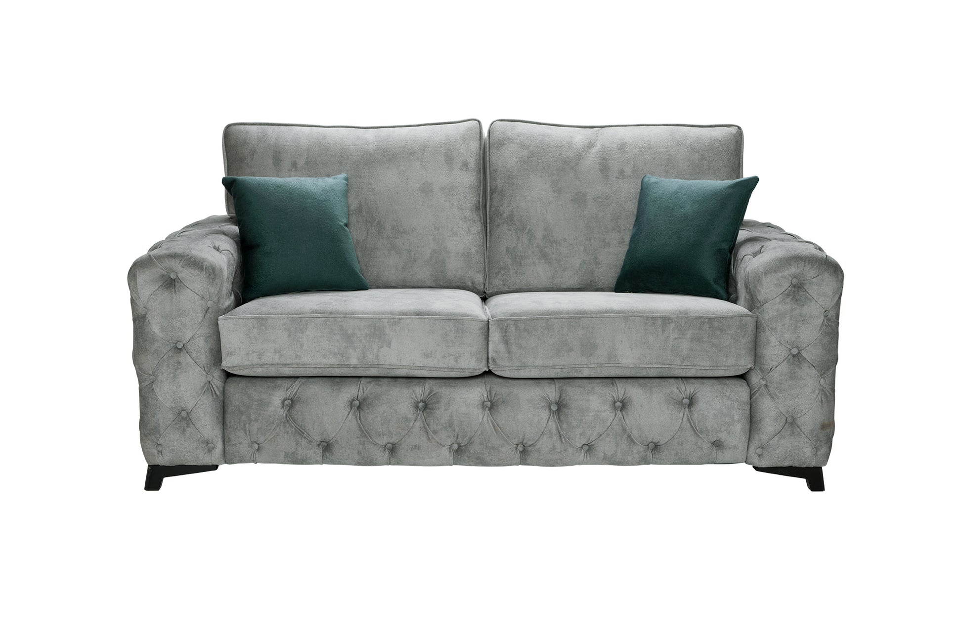 Light Grey fabric sofa with two green cushions on a white background