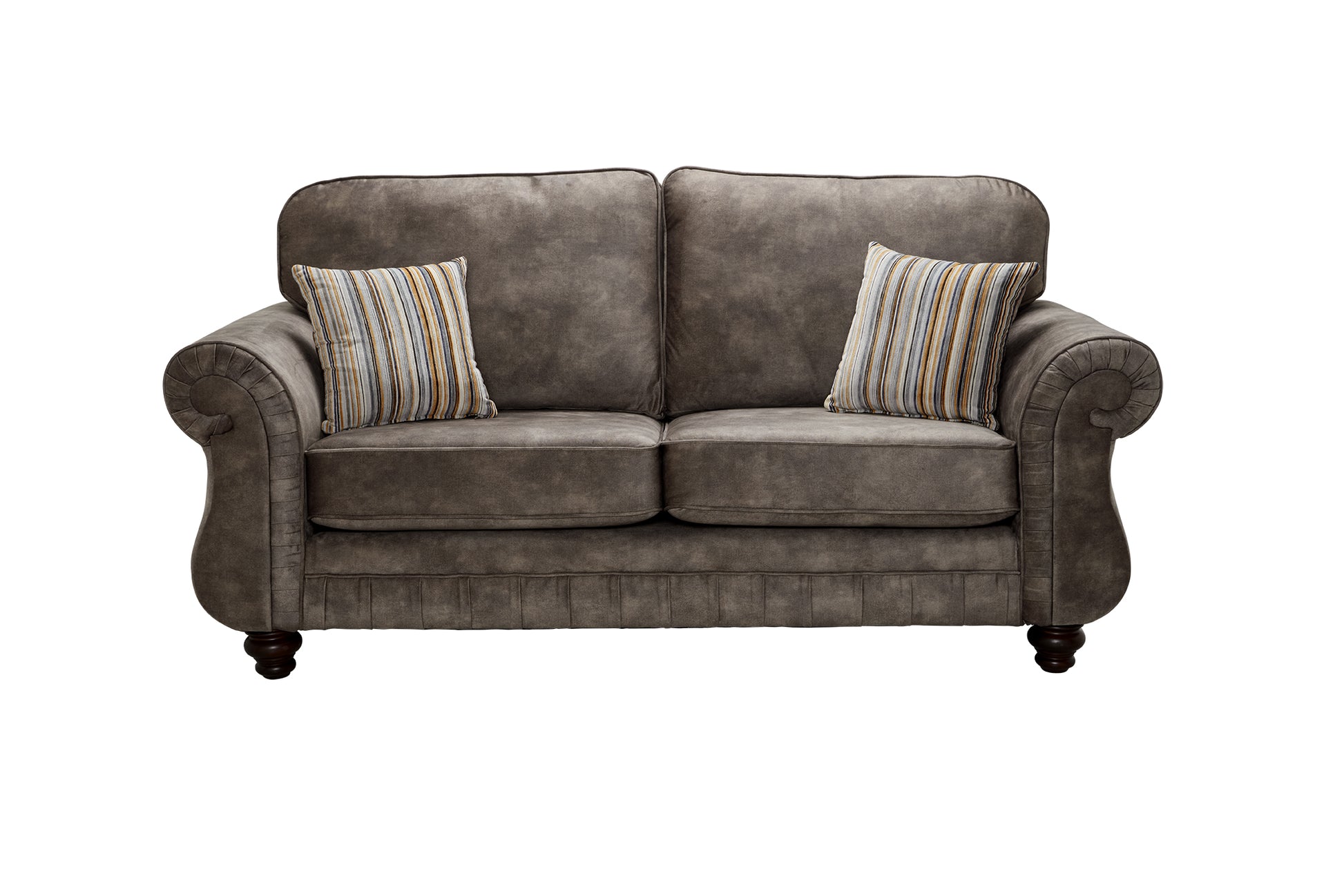brown fabric sofa with striped cushions on a white background