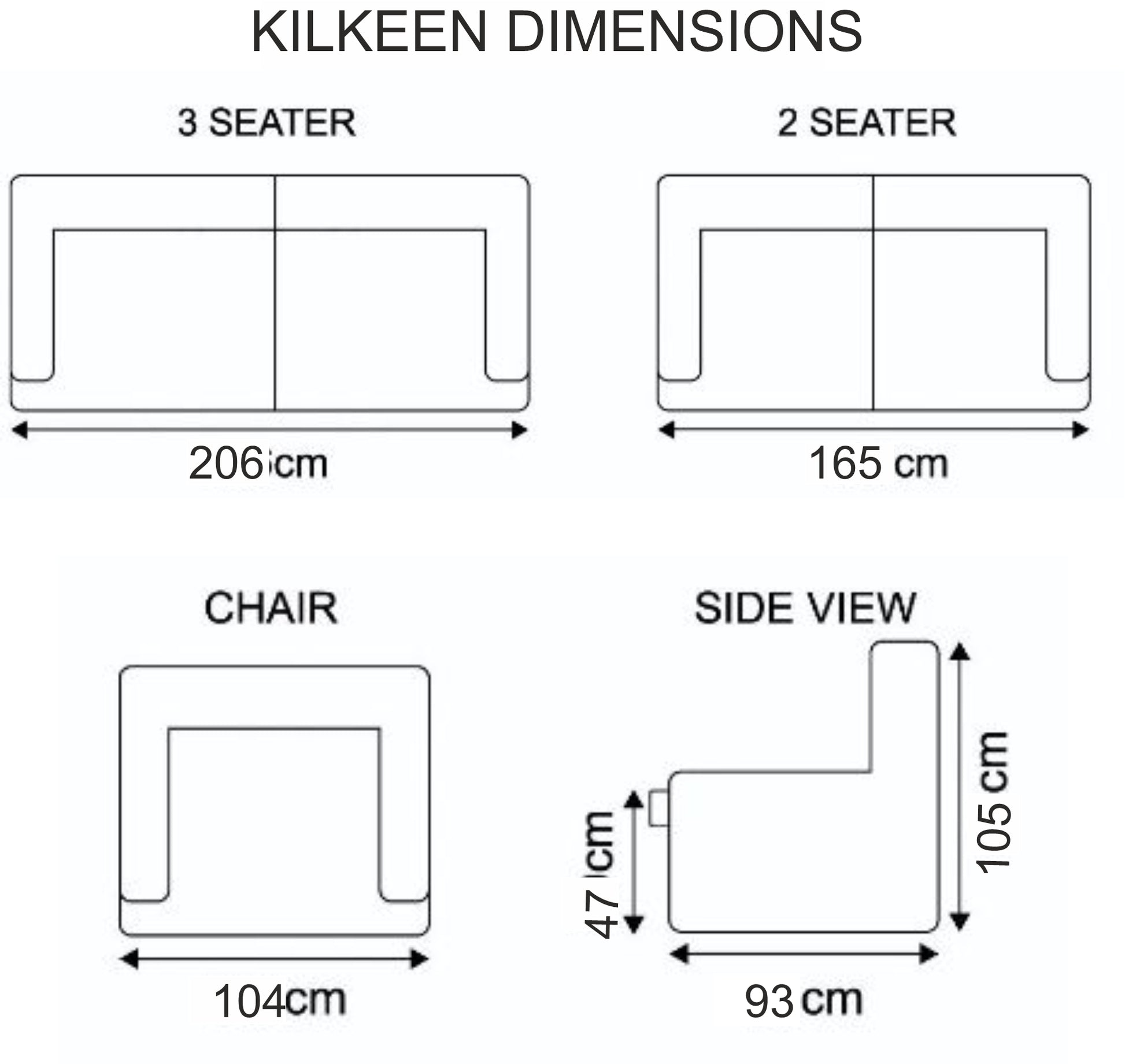 Dimensions of a furniture set including 3-seater, 2-seater, chair, and side view measurements.
