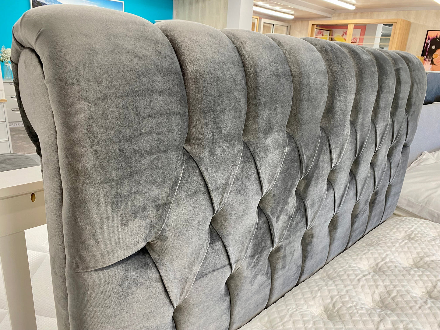 close up of kingsley gas lift bed headboard