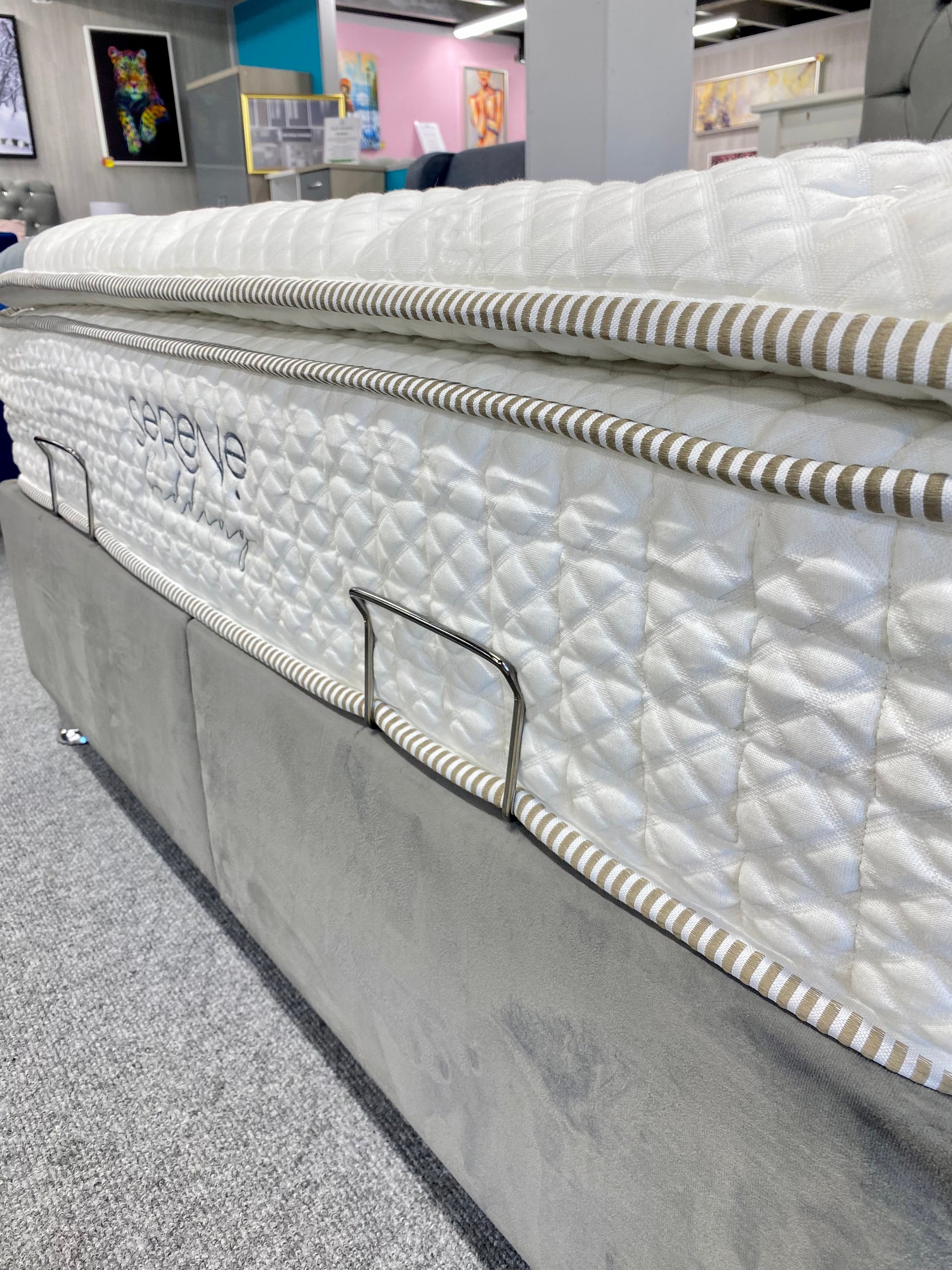 grey gas lift storage bed with tall headboard