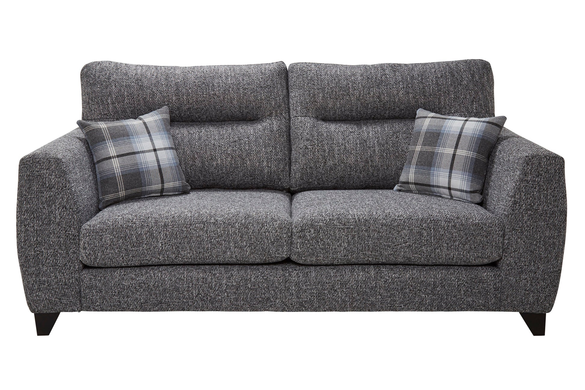 Gray sofa with plaid cushions on a white background