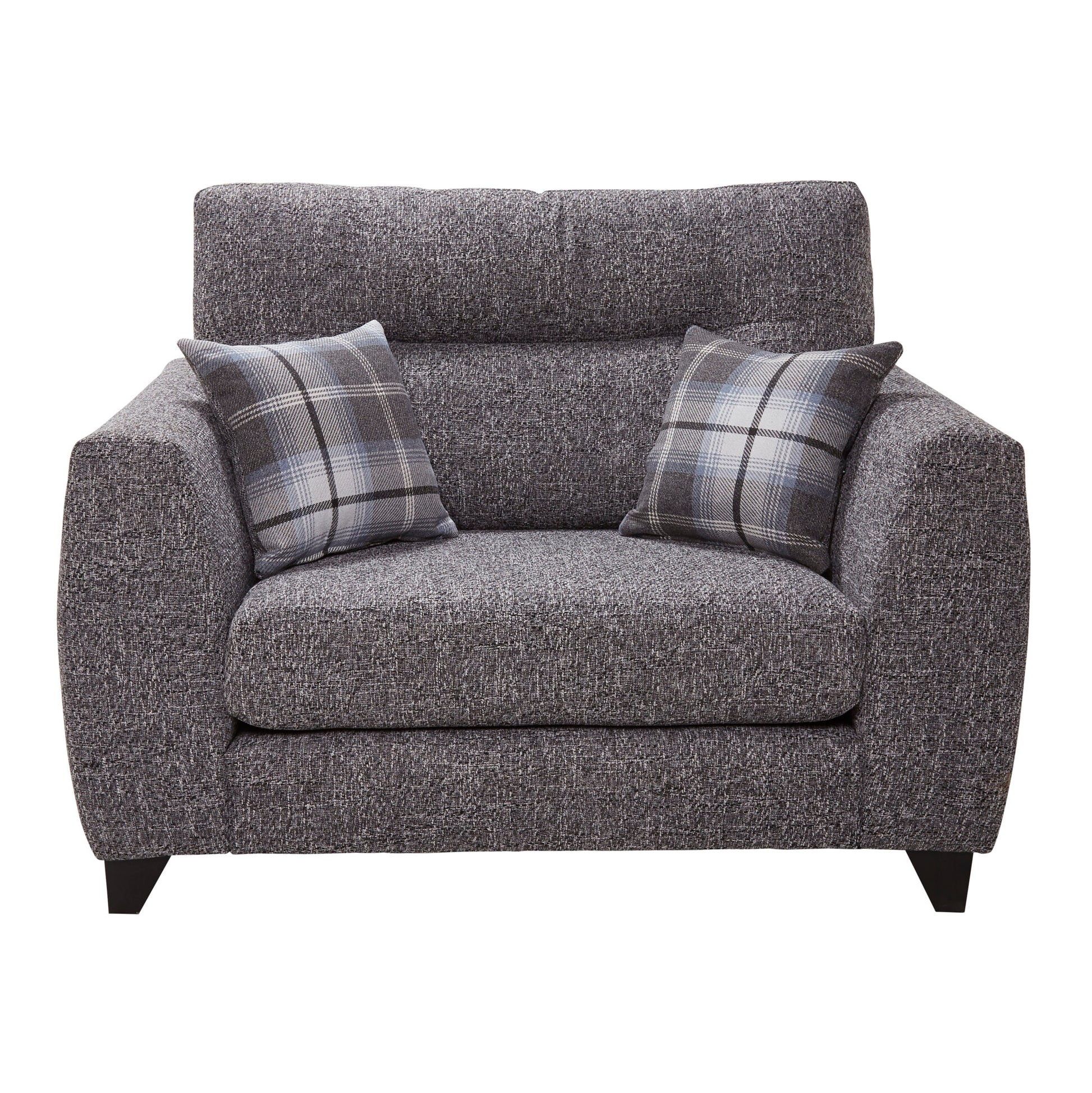 Gray upholstered chair with plaid cushions on a white background