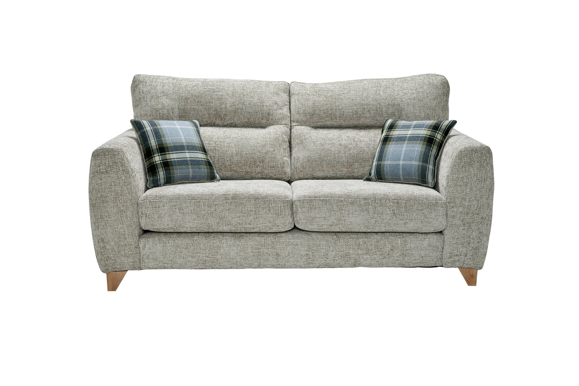 grey sofa with plaid cushions on a white background