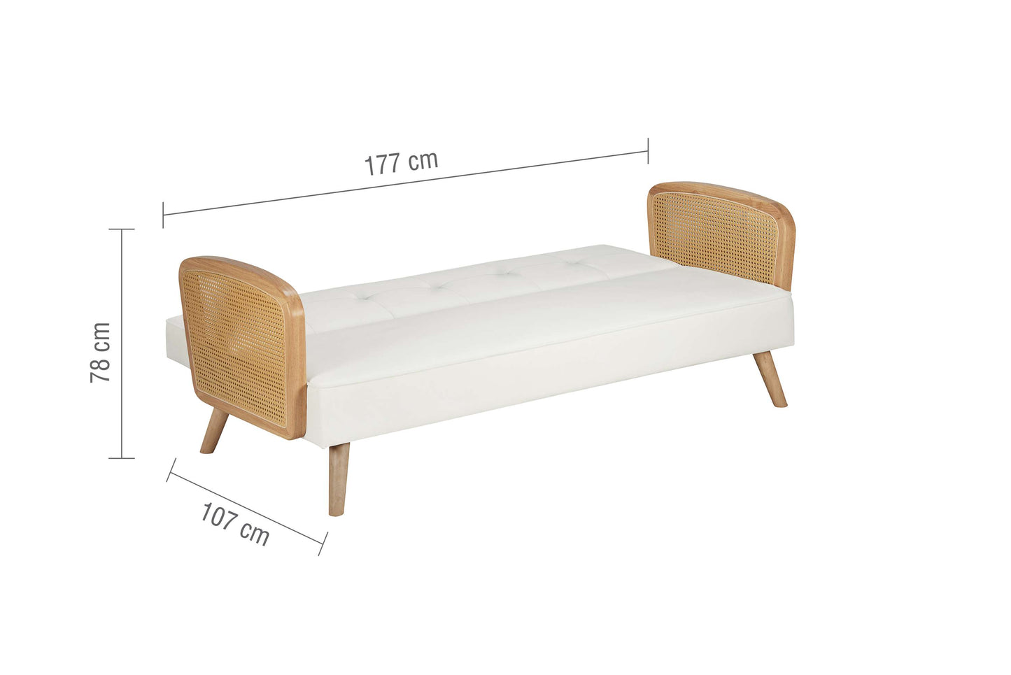 Mila White Fabric & Rattan Arms Sofa Bed