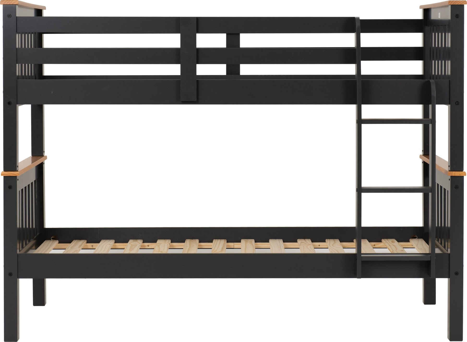 Grey wooden bunk bed with wooden slats on a white background