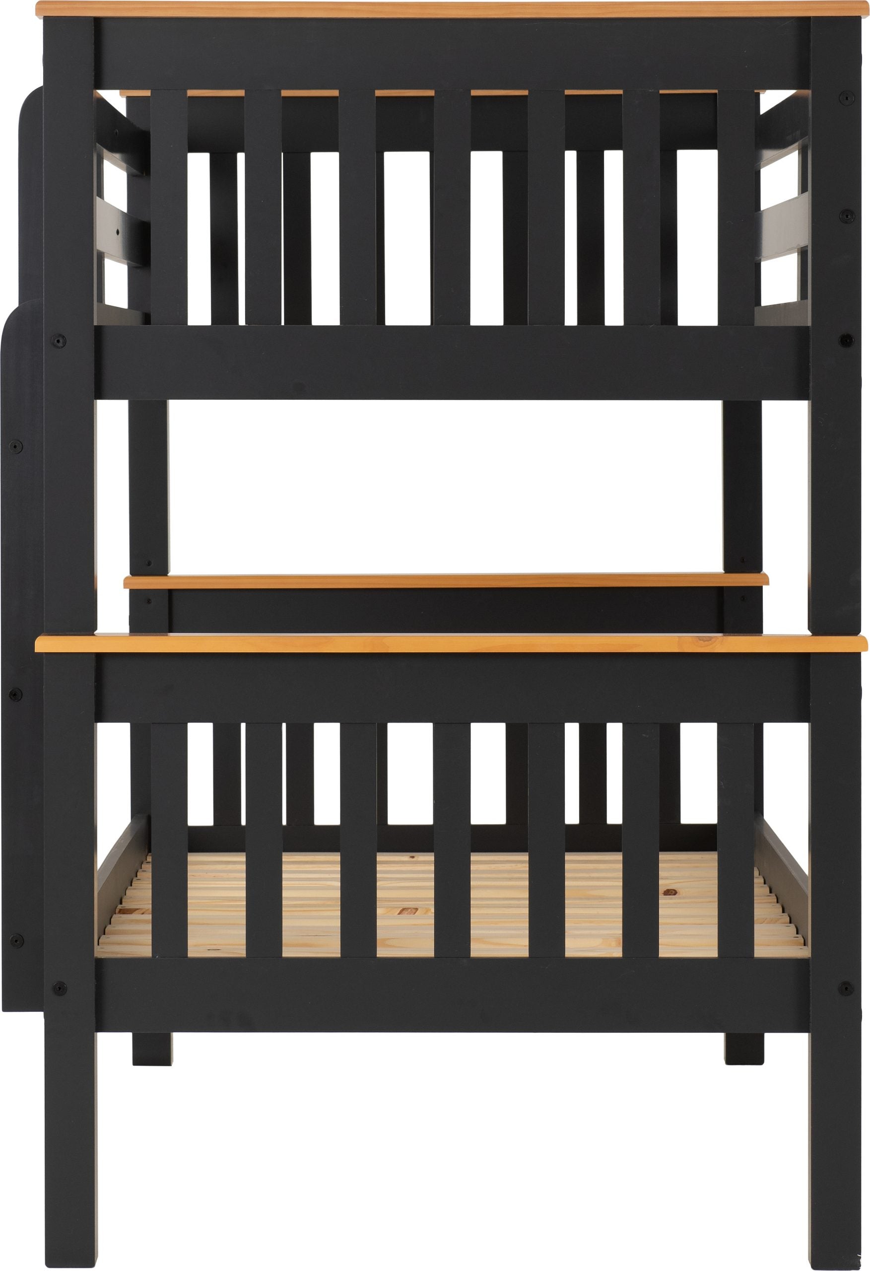Black and wooden bunk bed on a white background