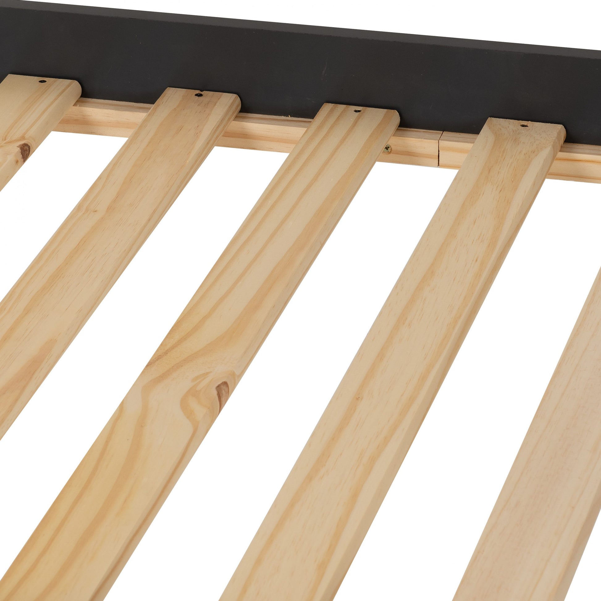 Wooden slatted bed frame on a white background