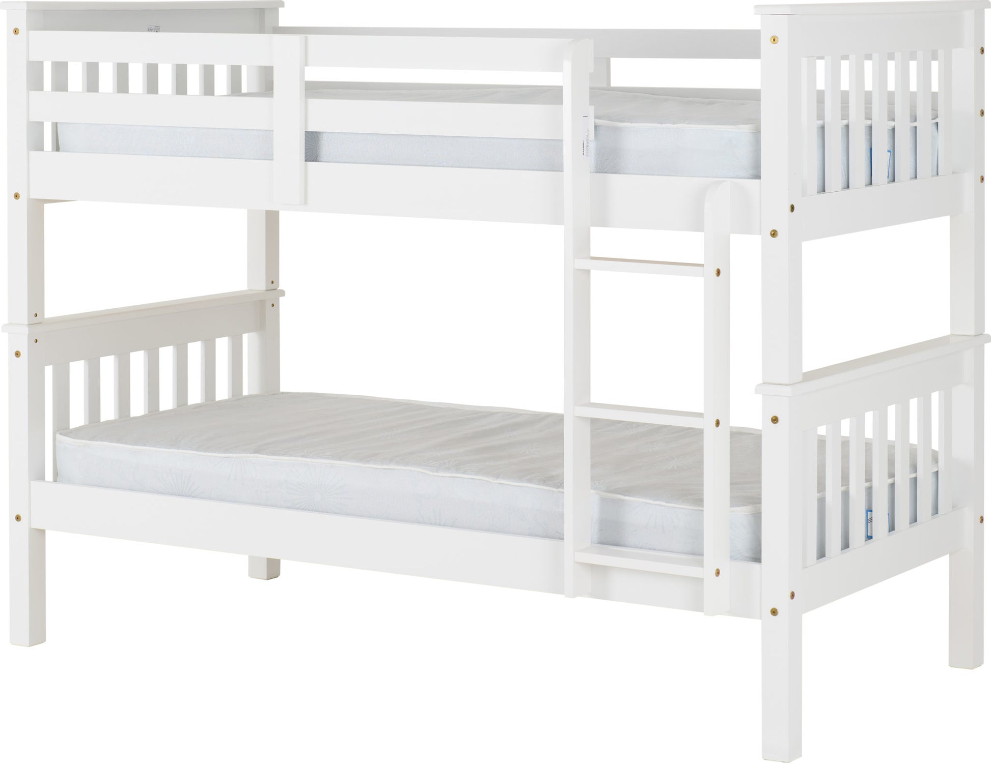 White wooden bunk bed with slatted design on a white background