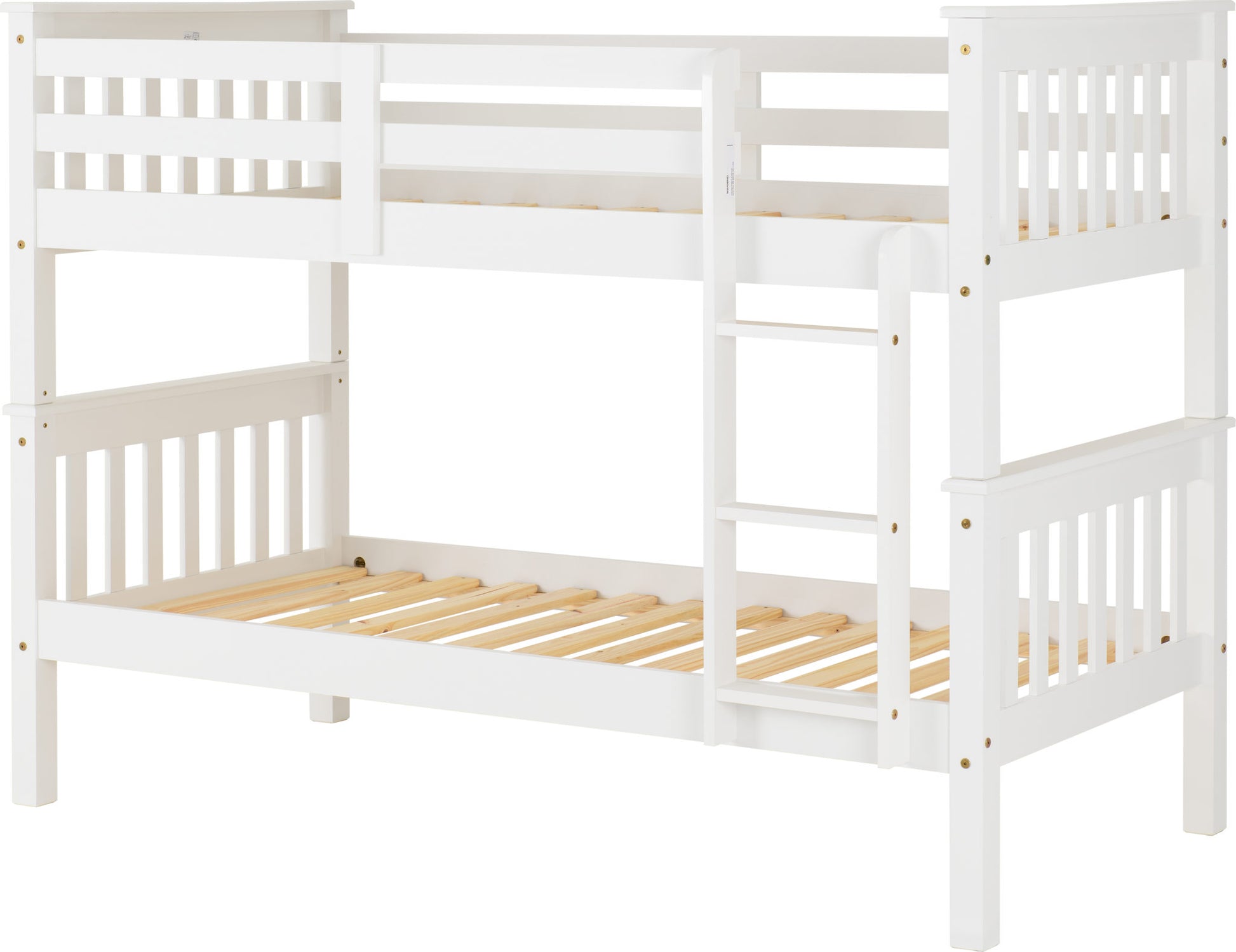 White wooden bunk bed with slatted design on a white background