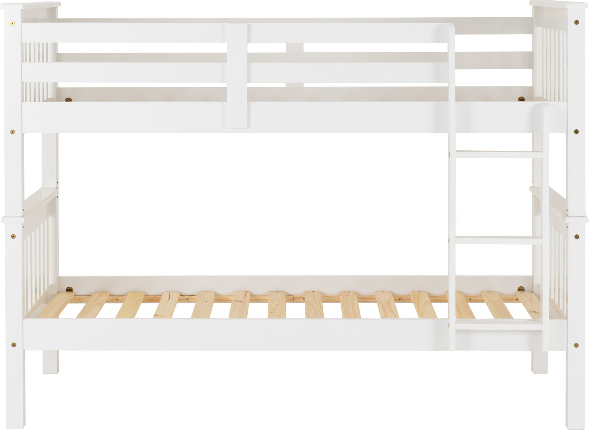 White bunk bed with wooden slats on a white background