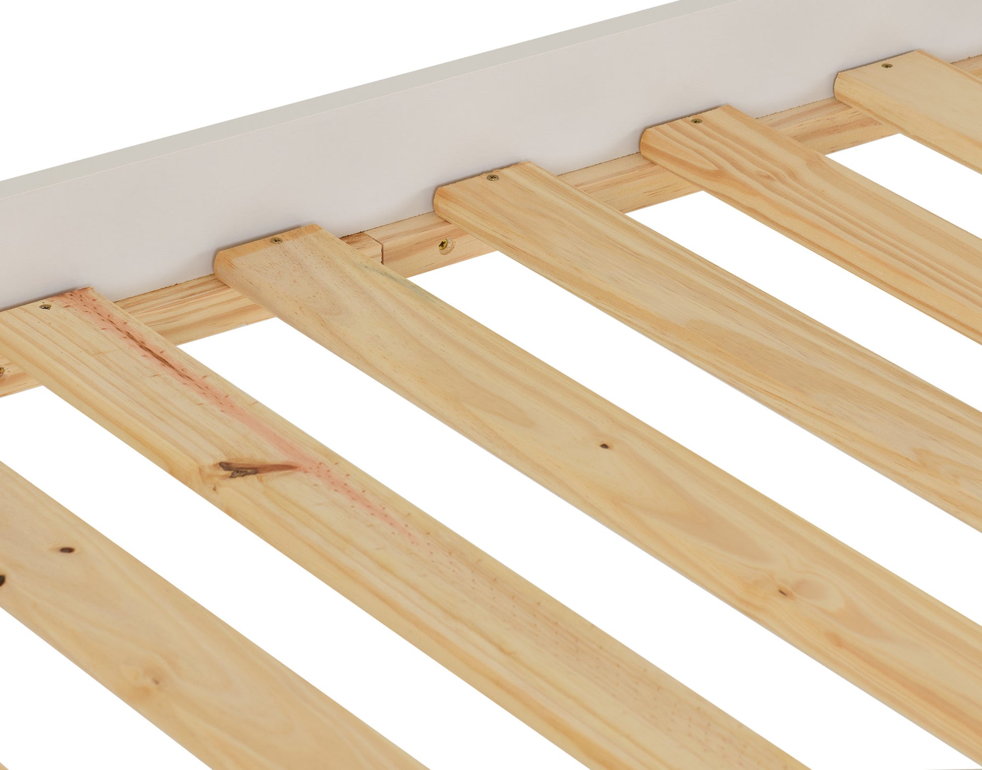 Wooden slatted bed base on a white background