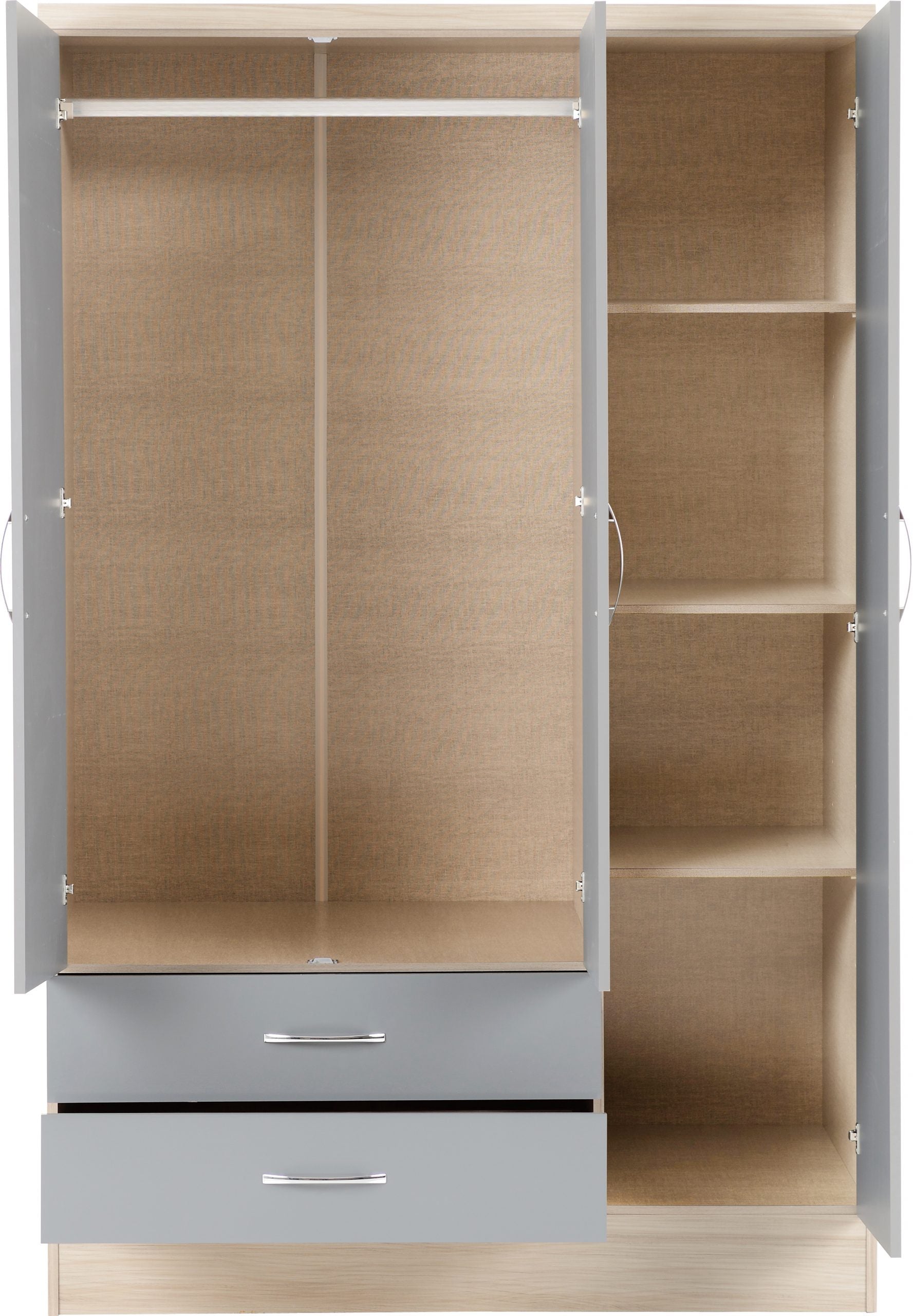 grey and oak 3 door wardrobe set with open doors