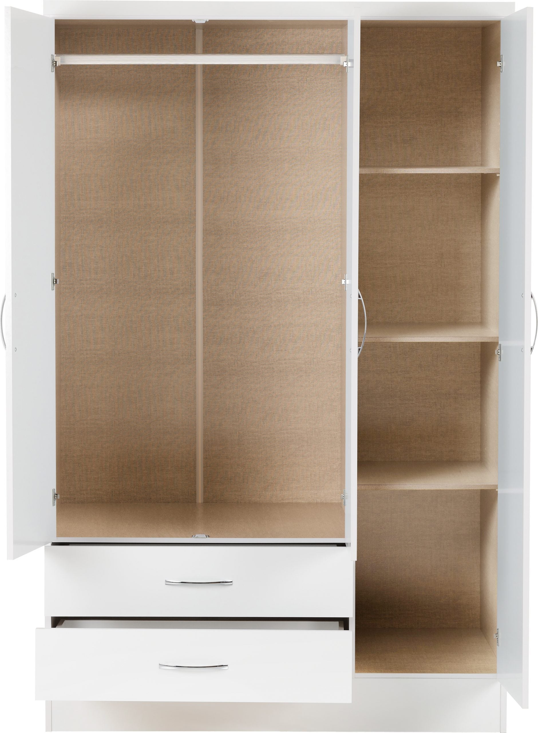 grey and oak 3 door wardrobe with open doors