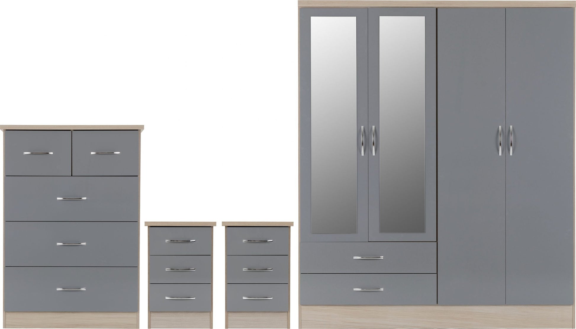 grey 4 door wardrobe set with chest of drawers and bedside
