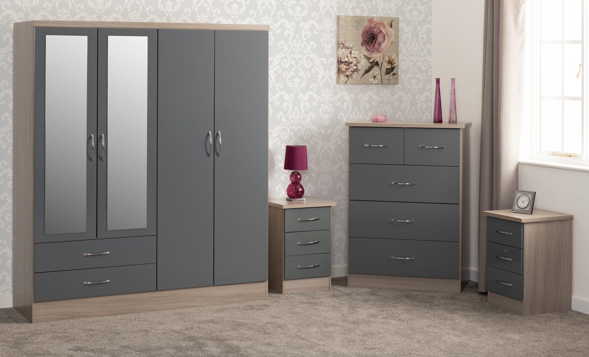 grey 4 door wardrobe set with chest of drawers and bedside