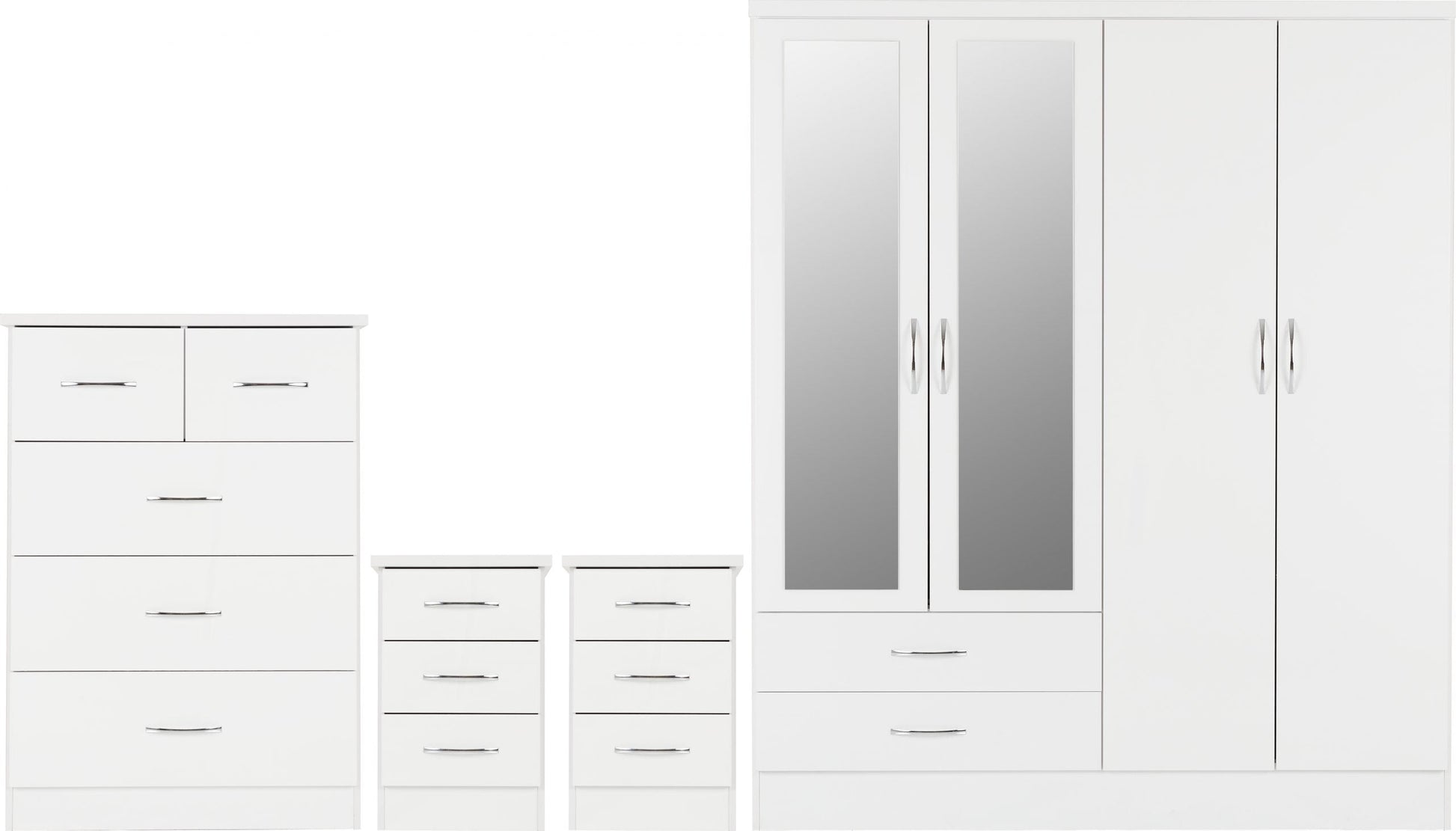 white 4 door wardrobe set with chest of drawers and bedside