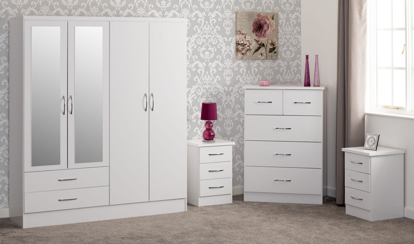 Nevada 4 Door 2 Drawer Mirrored Wardrobe Bedroom Set