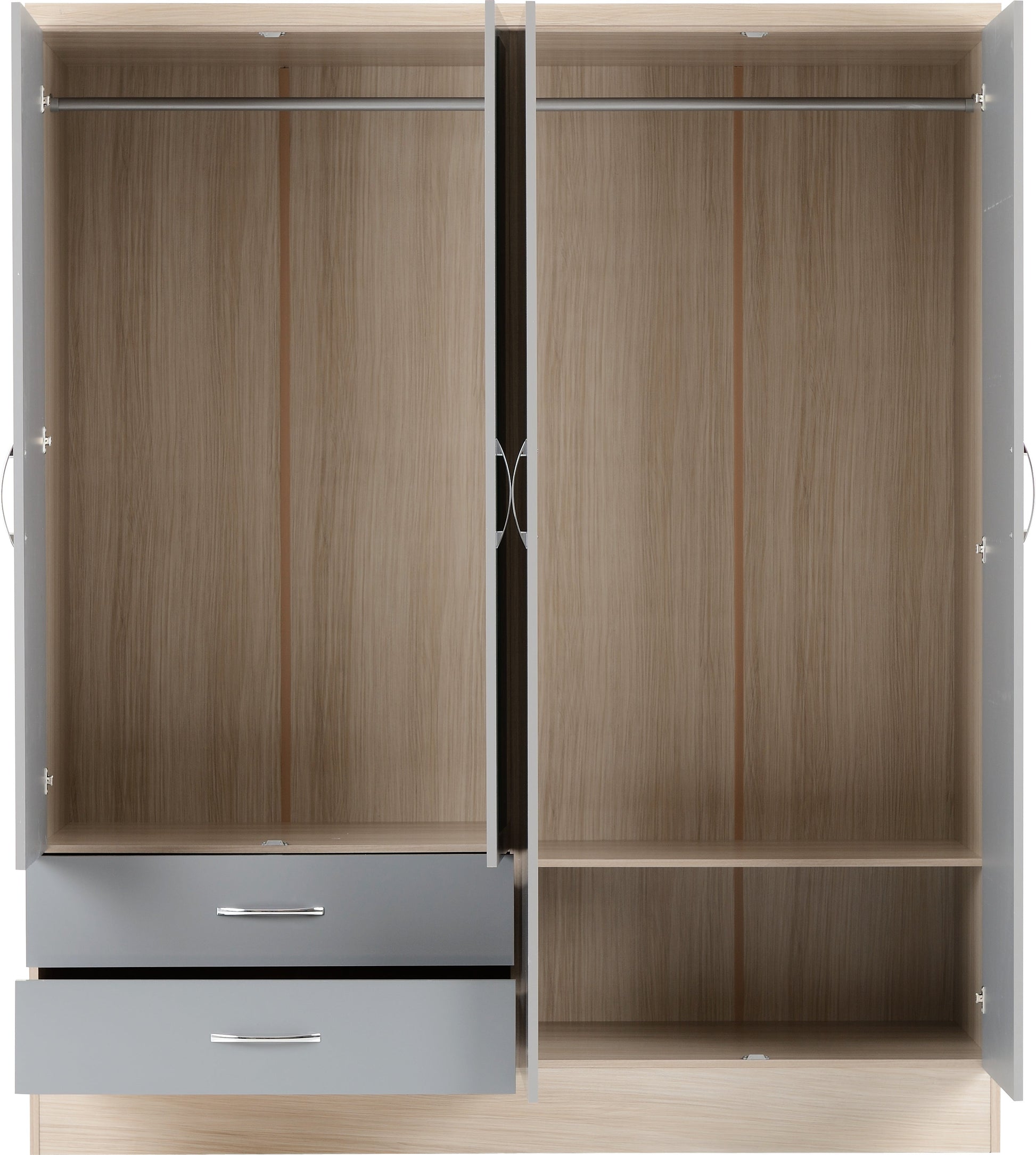 grey 4 door wardrobe set with chest of drawers and bedside
