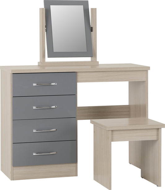 Grey and oak 4 drawer dressing table with mirror and stool