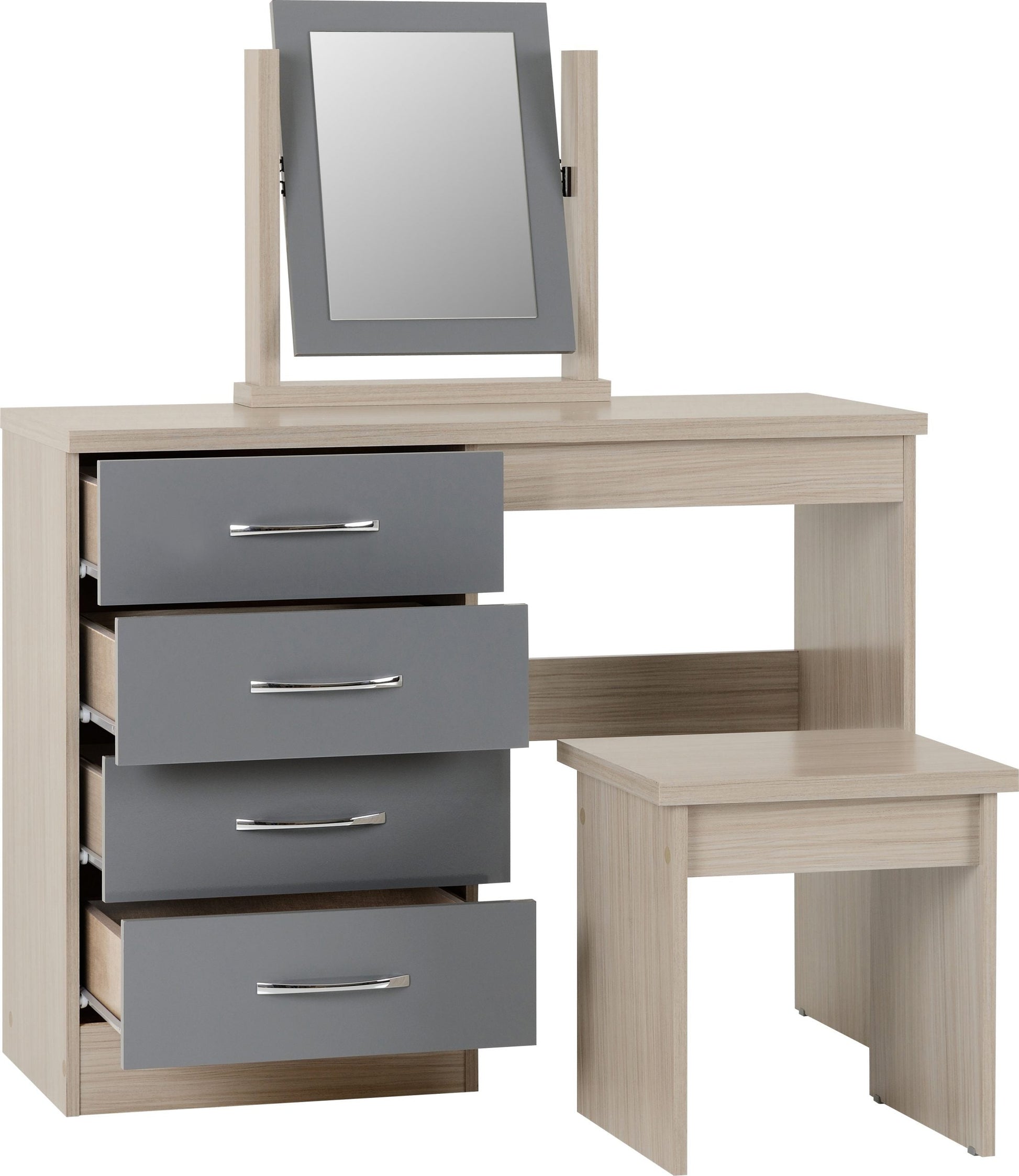Grey and oak 4 drawer dressing table with mirror and stool