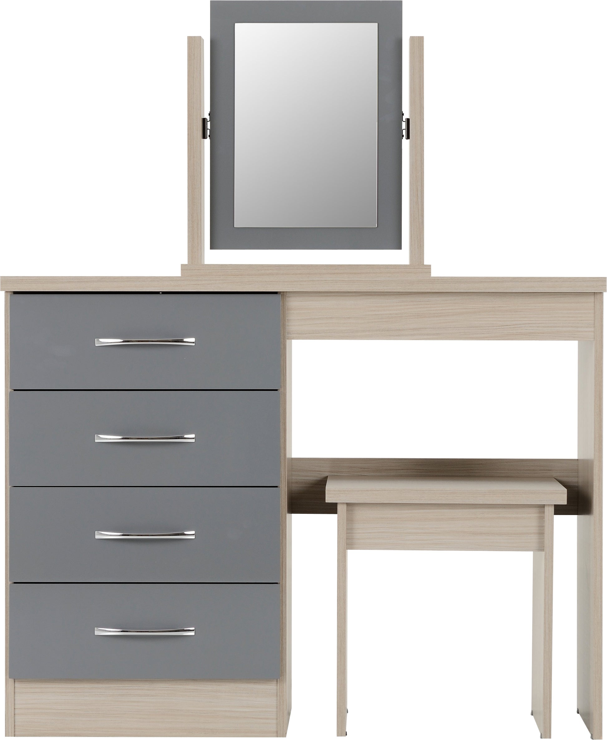 Grey and oak 4 drawer dressing table with mirror and stool