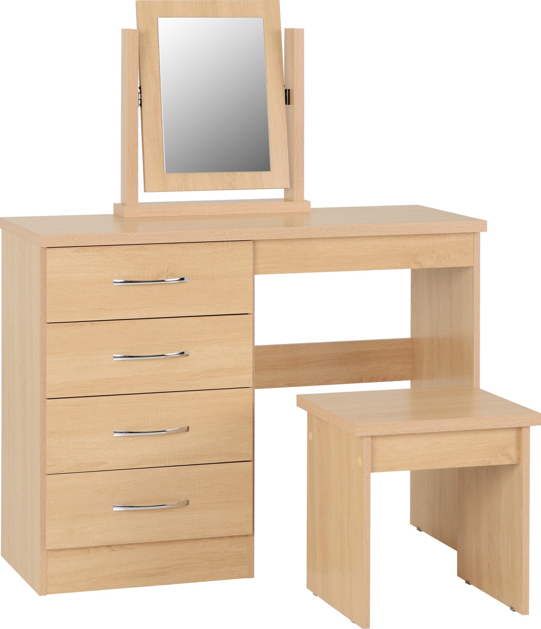 oak 4 drawer dressing table with mirror and stool