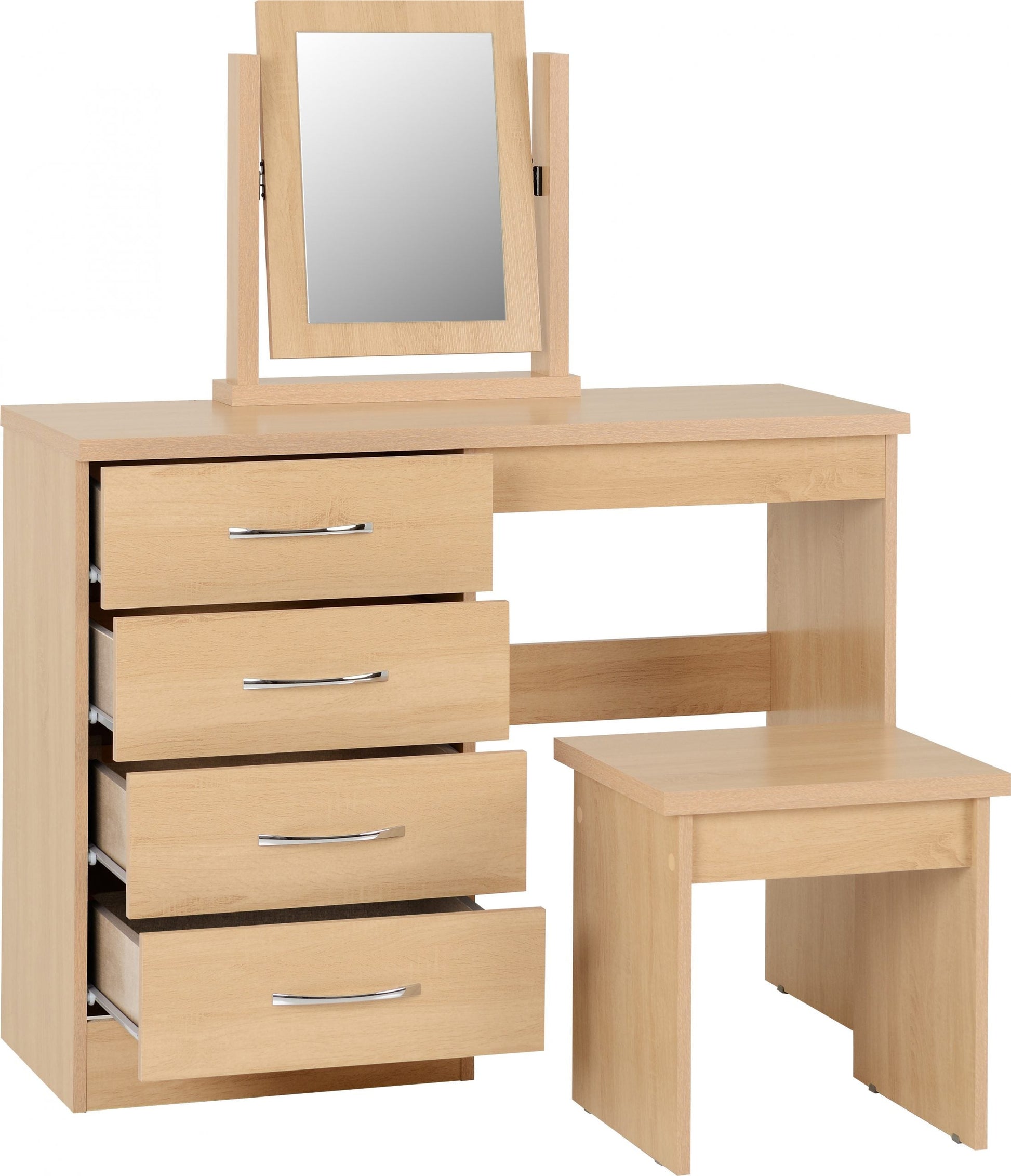 oak 4 drawer dressing table with mirror and stool
