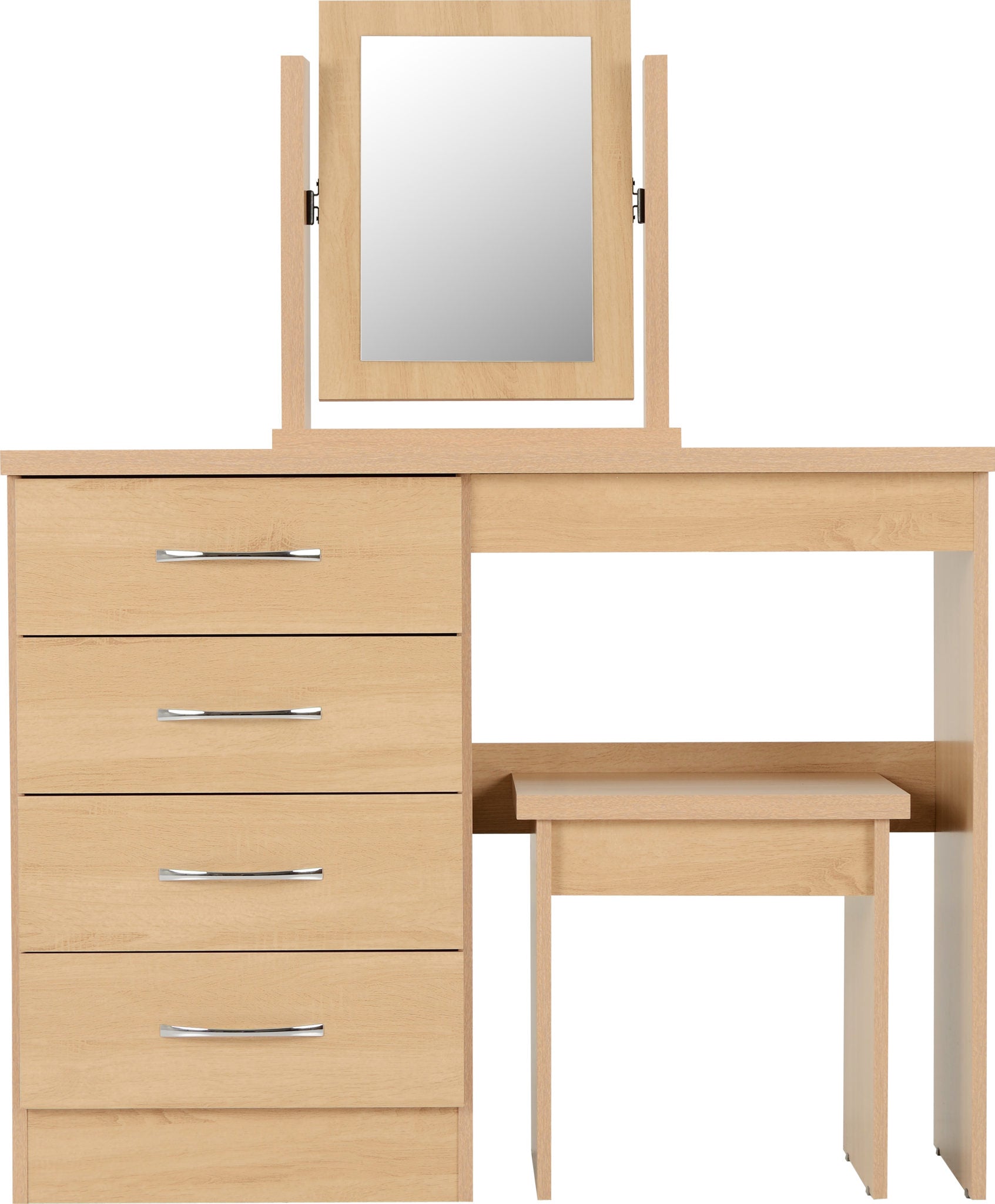 oak 4 drawer dressing table with mirror and stool
