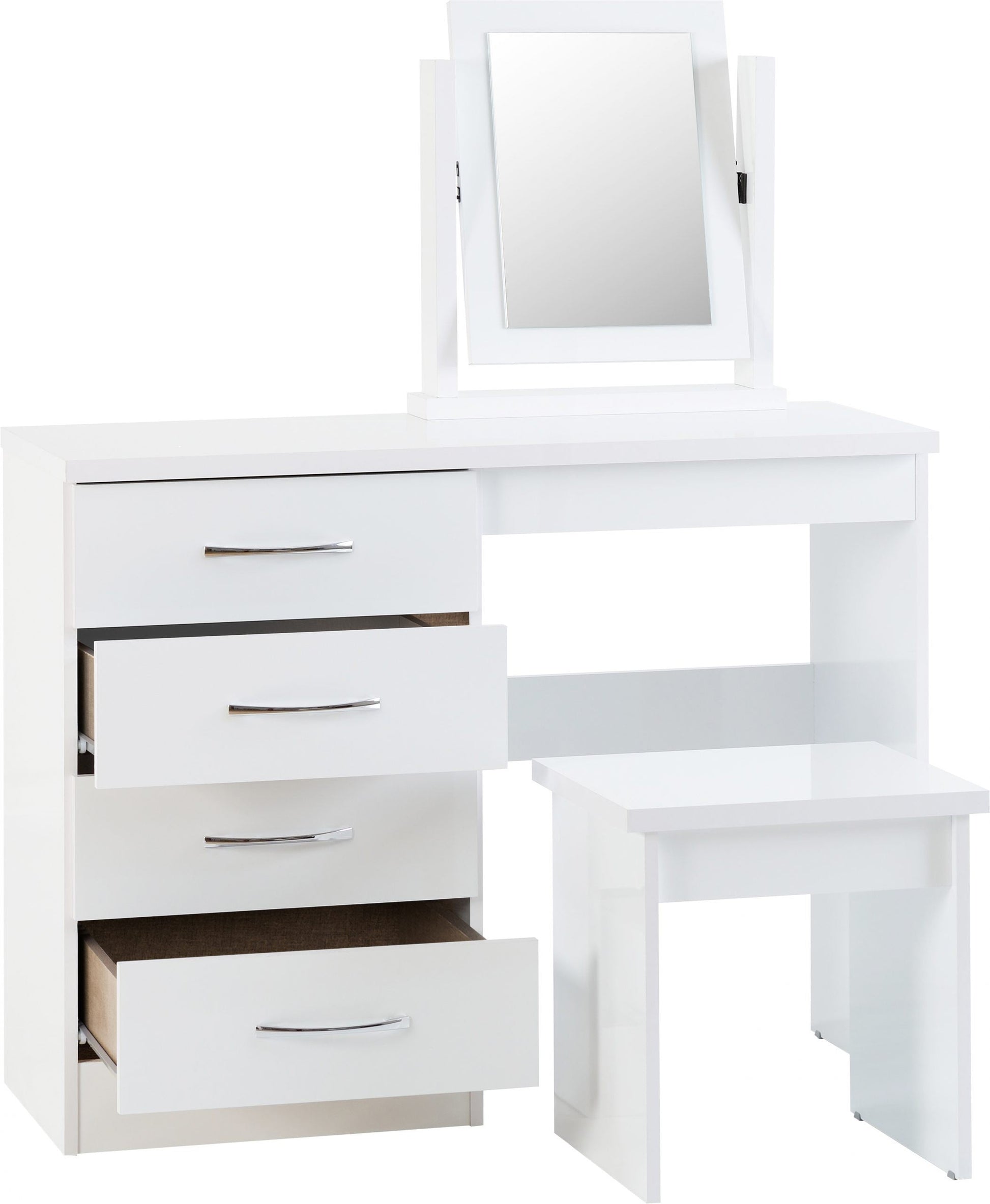 white 4 drawer dressing table with mirror and stool