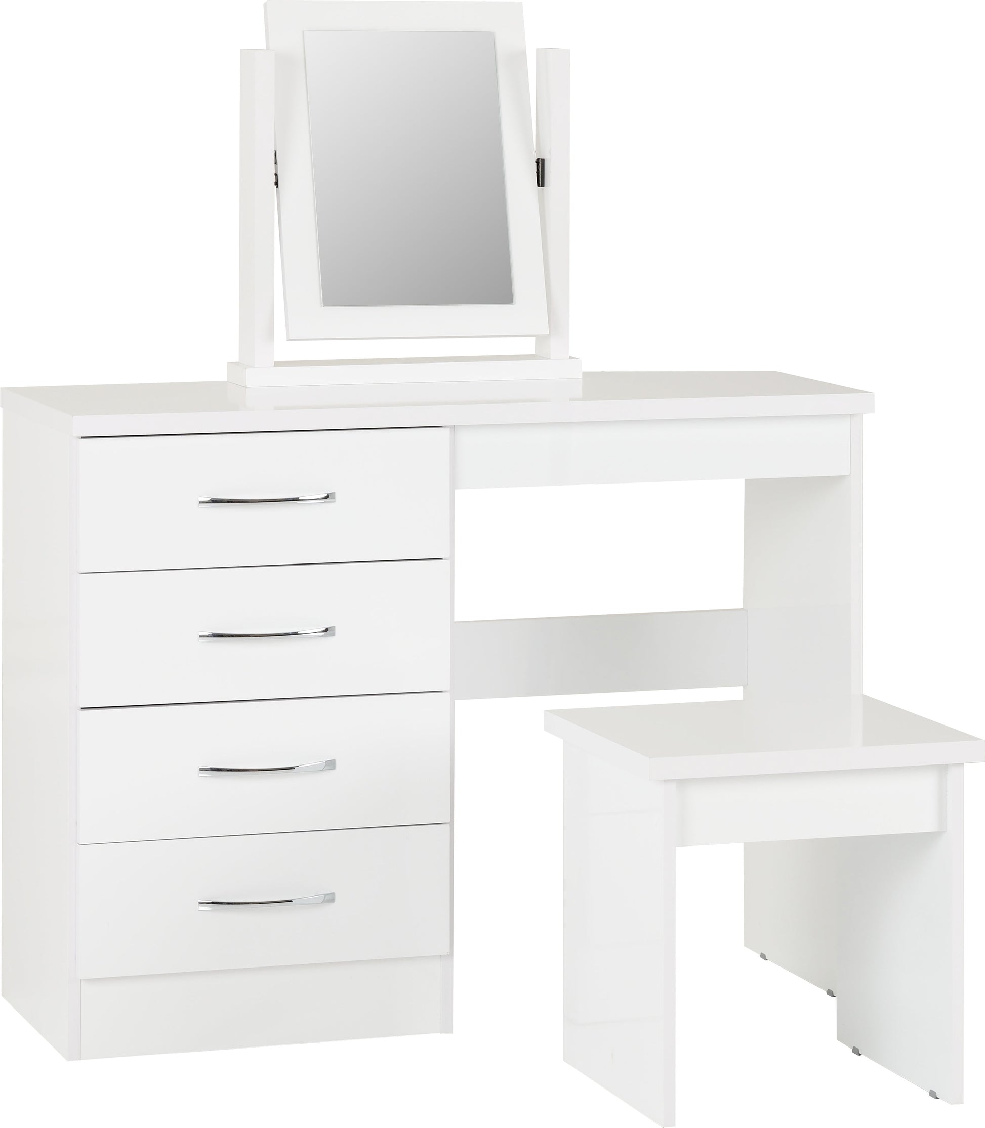 white 4 drawer dressing table with mirror and stool