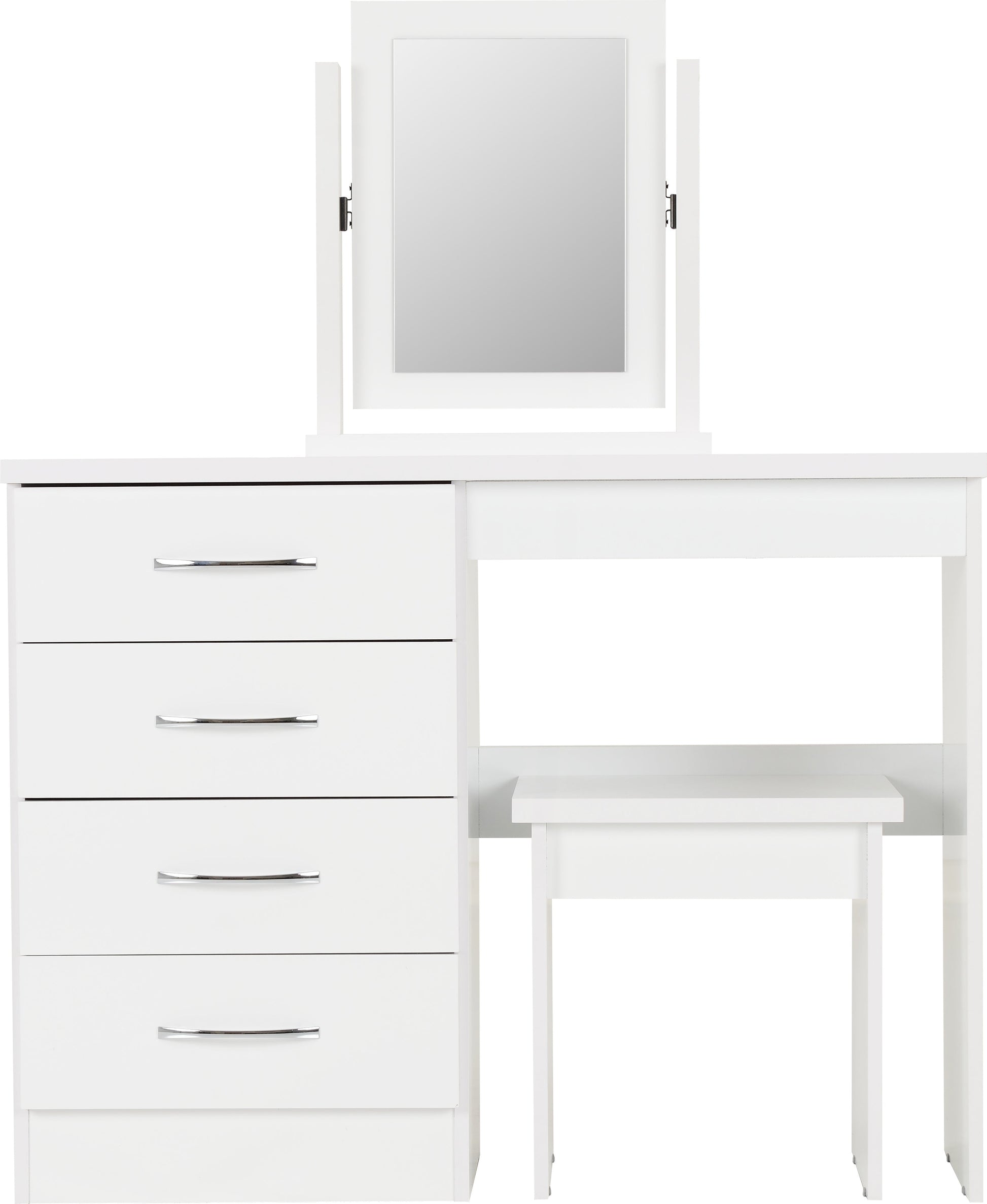 white 4 drawer dressing table with mirror and stool