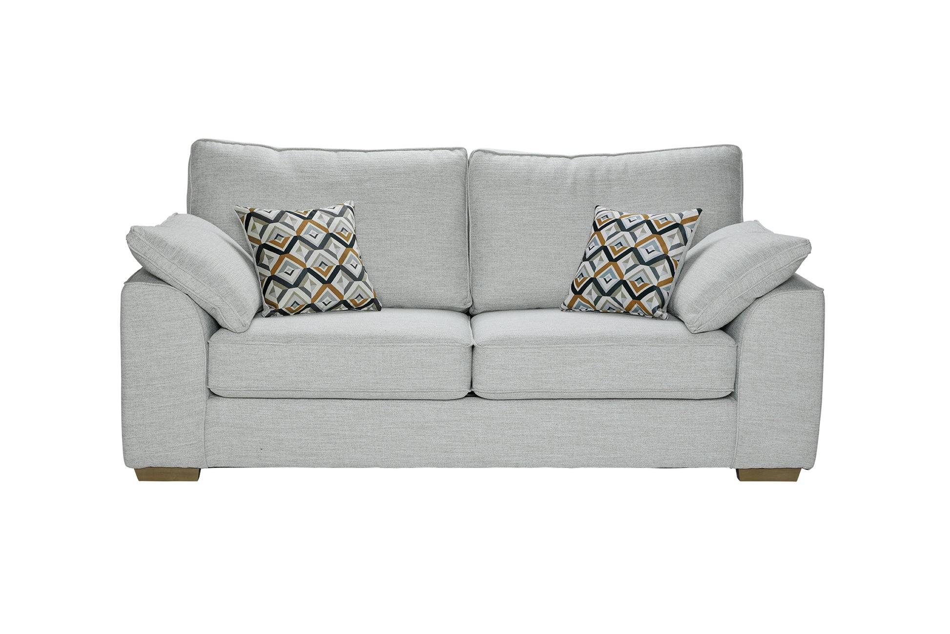 Gray fabric sofa with patterned cushions on a white background