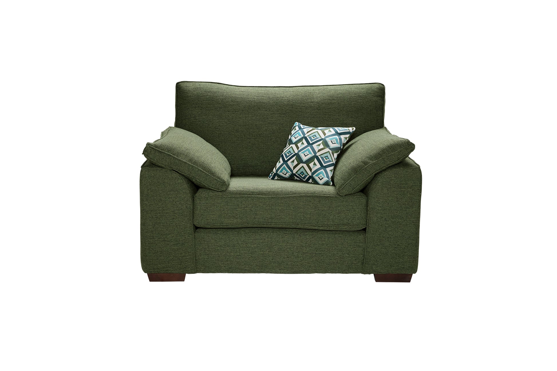 Green fabric armchair with a patterned pillow on a white background