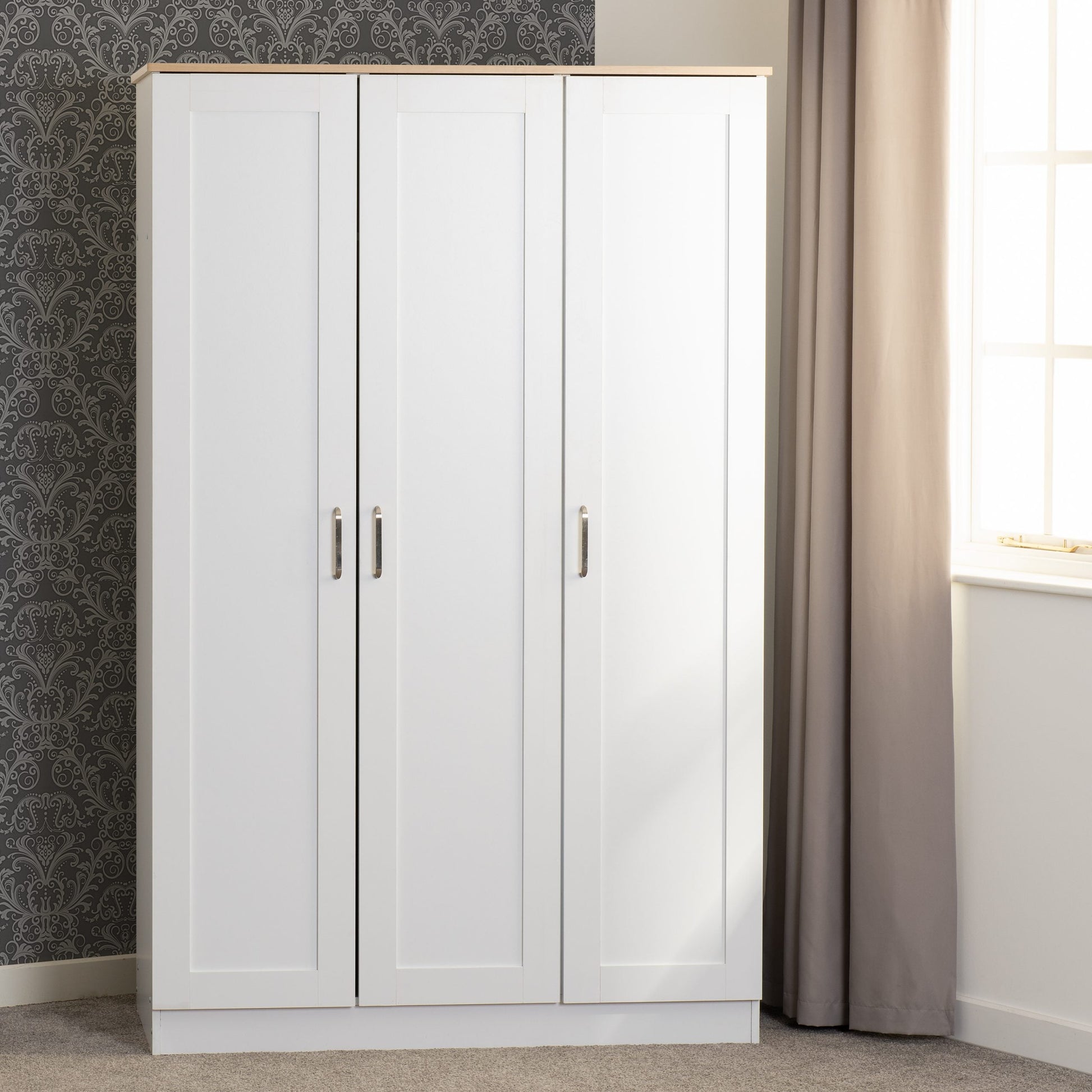 Portland White/Grey/Oak Effect 3 Door Wardrobe.