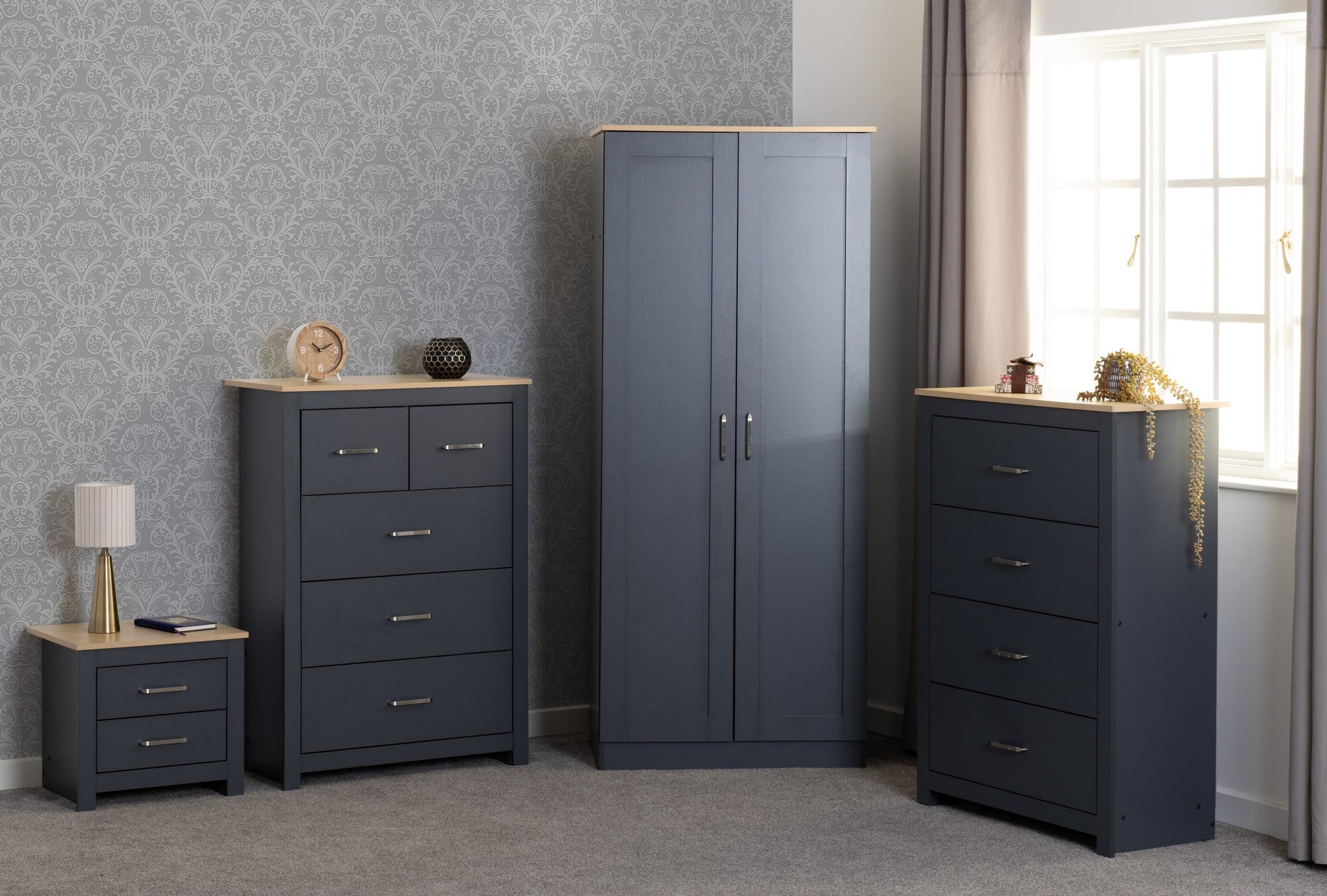 Portland Trio White/Grey/Oak Effect Wardrobe Bedroom Set