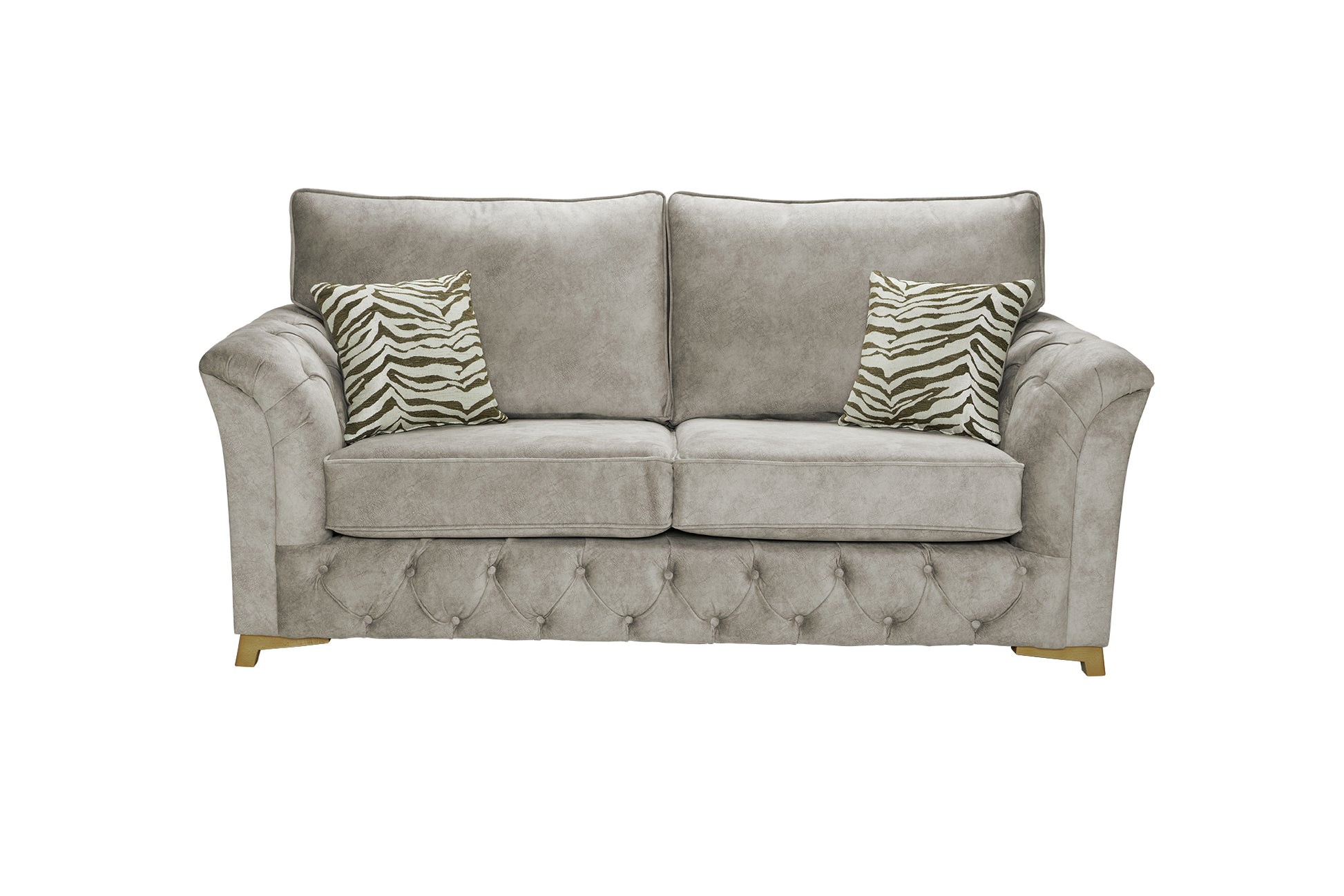 light grey sofa with zebra print pillows on a white background