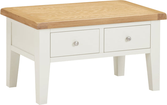 White coffee table with wooden top on a white background