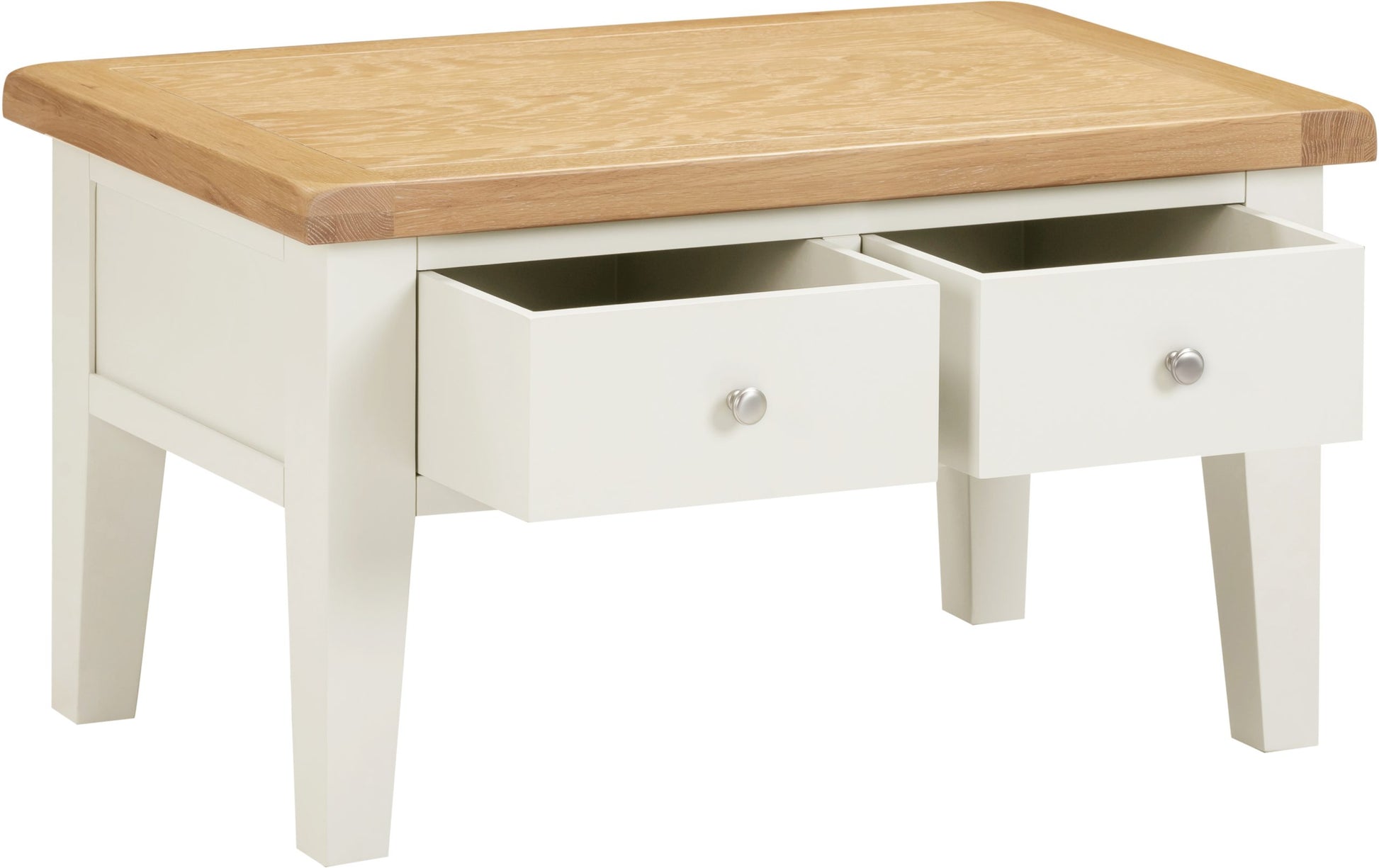 White coffee table with wooden top on a white background