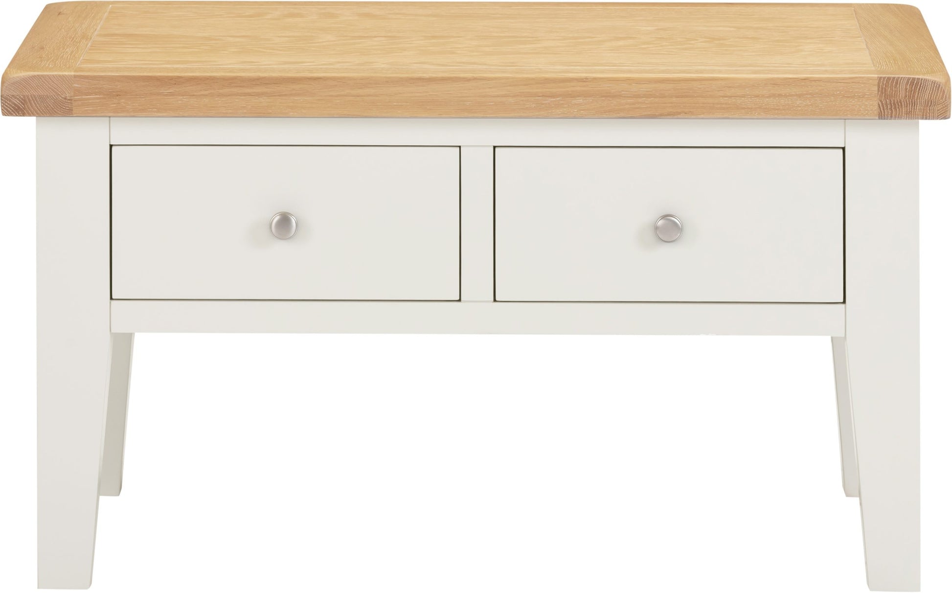 White console table with two drawers and a wooden top on a white background