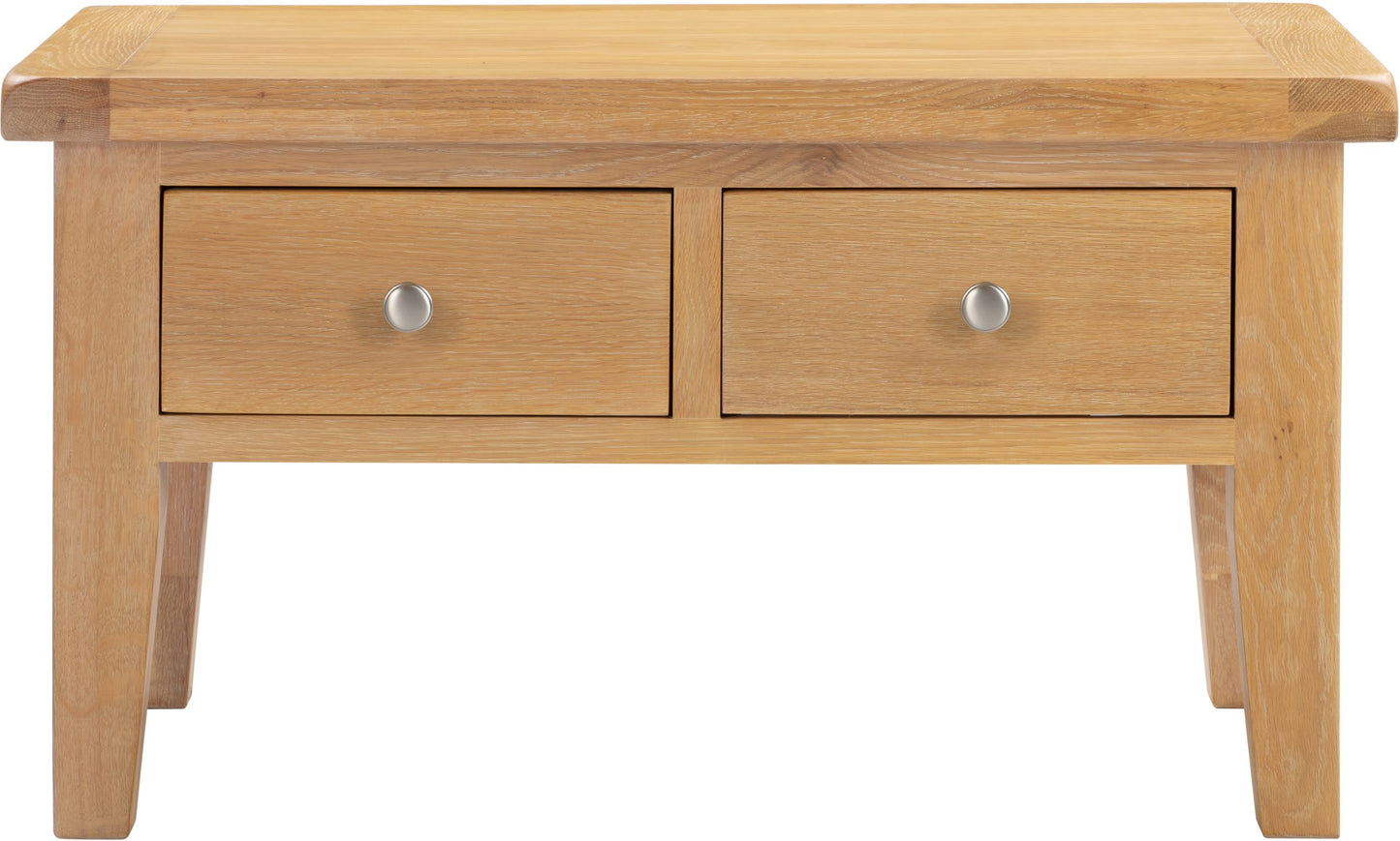 Wooden coffee table with two drawers and silver knobs on a white background