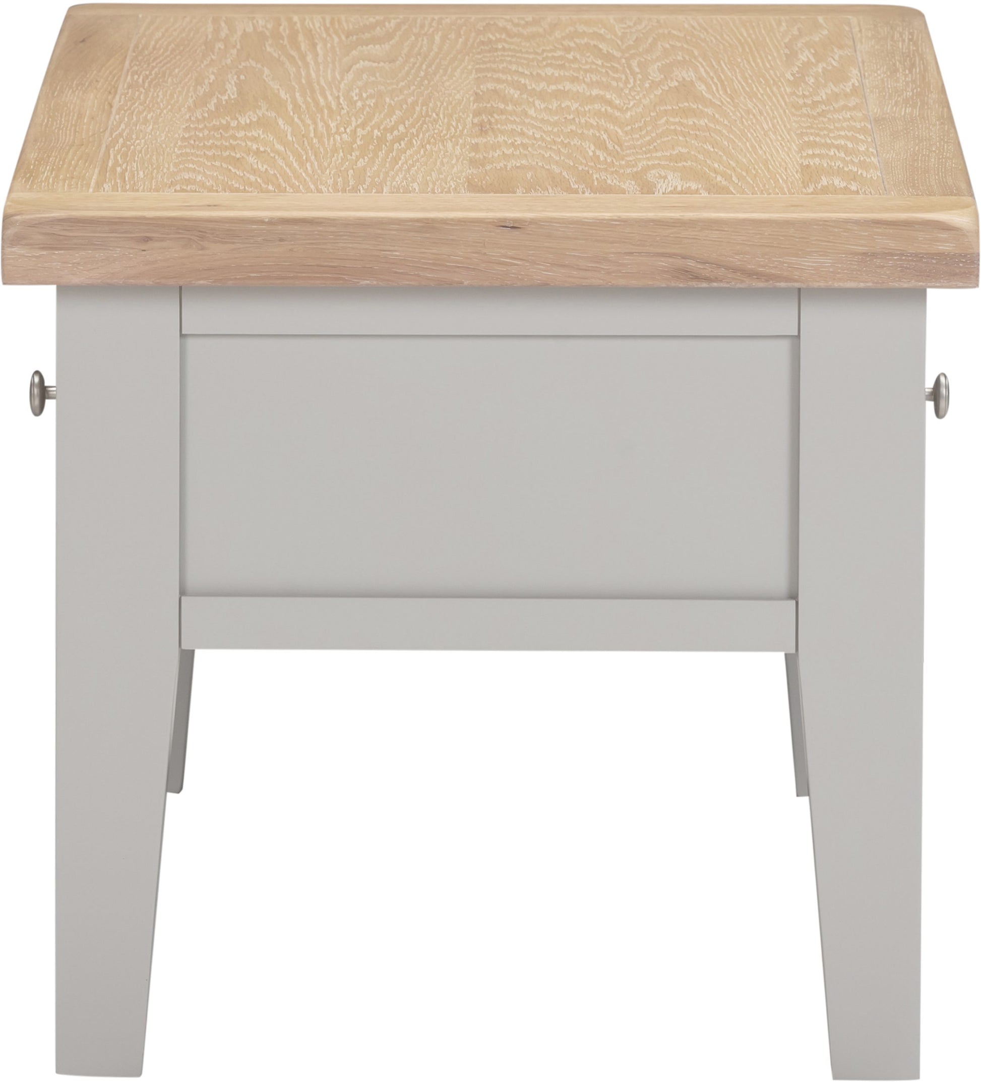 Wooden side table with light gray base on a white background