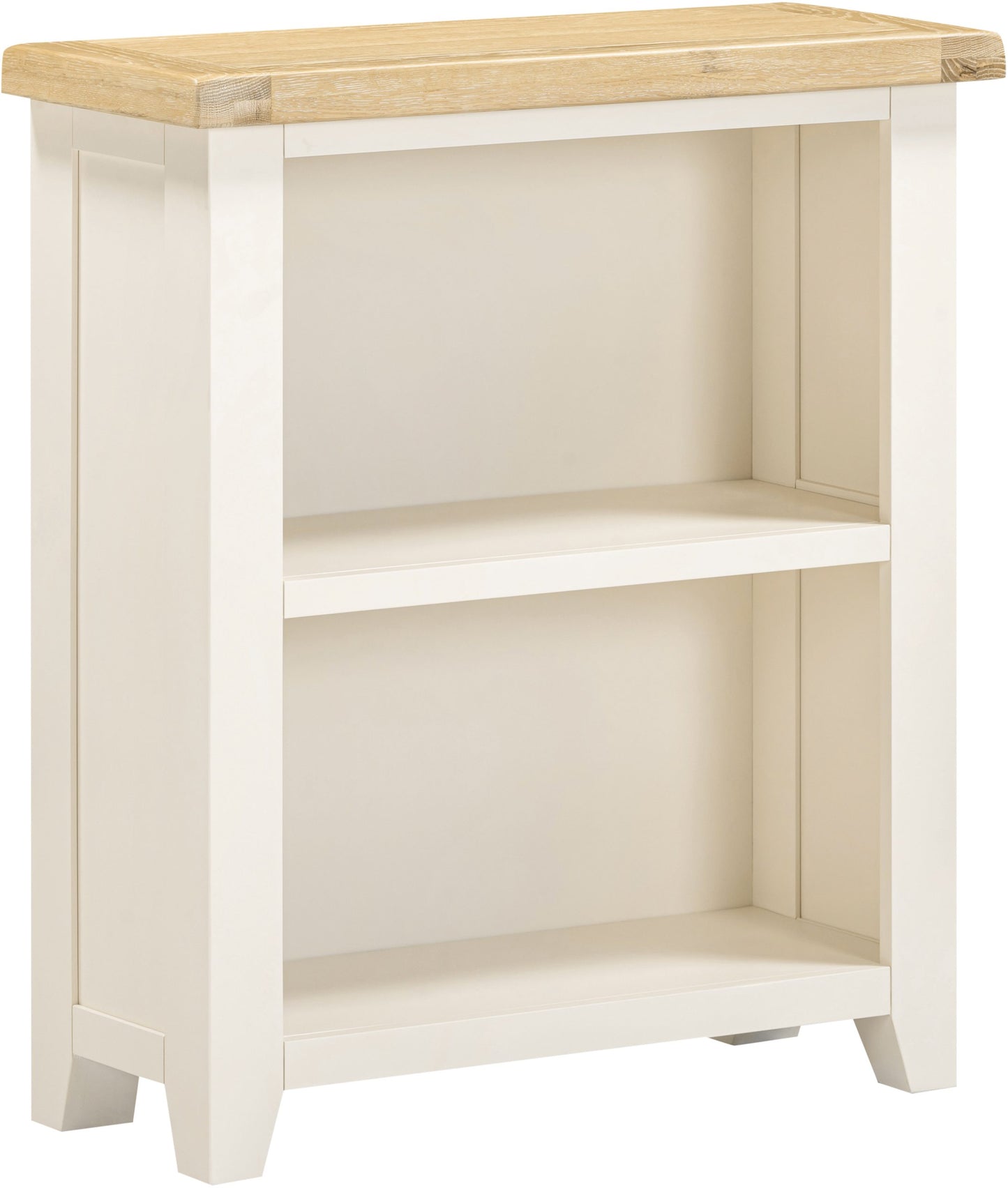 Small bookshelf with wooden top and white base on a white background