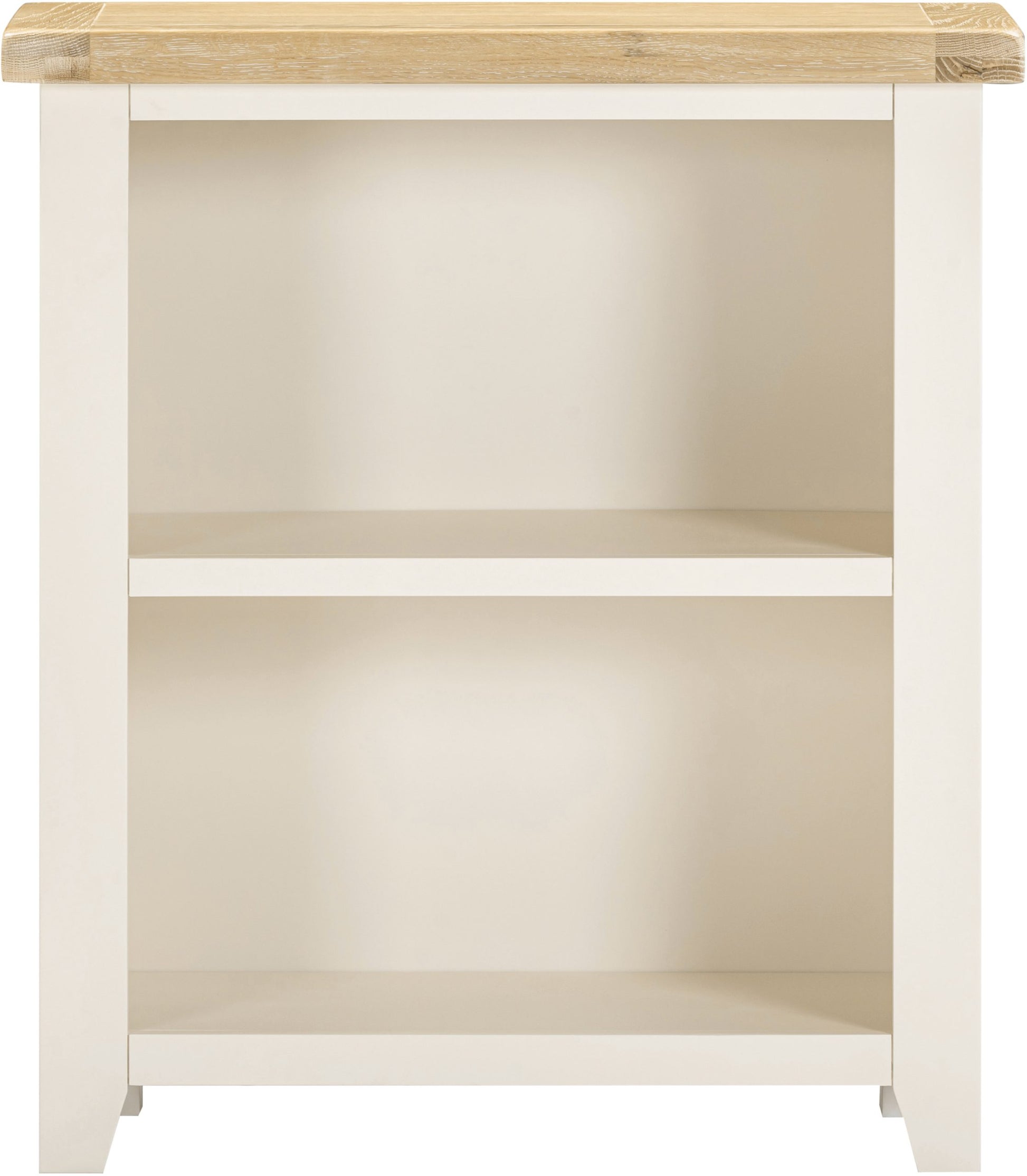 Small bookshelf with wooden top and white base on a plain background